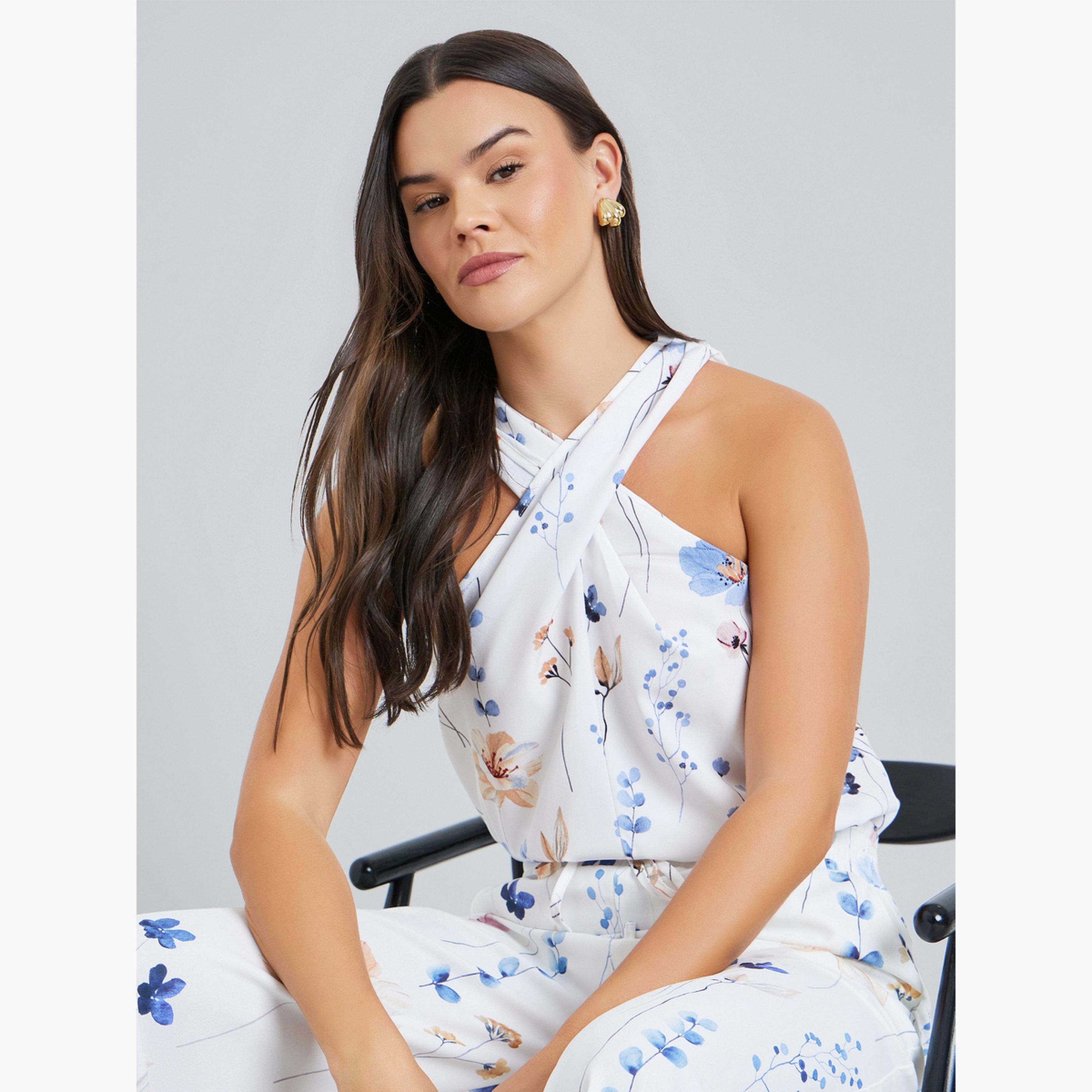 بلوزة نسائية بدون أكمام بياقة هالتر وطبعة زهور-women-clothing-shirtsandblouses-blouses-image-3