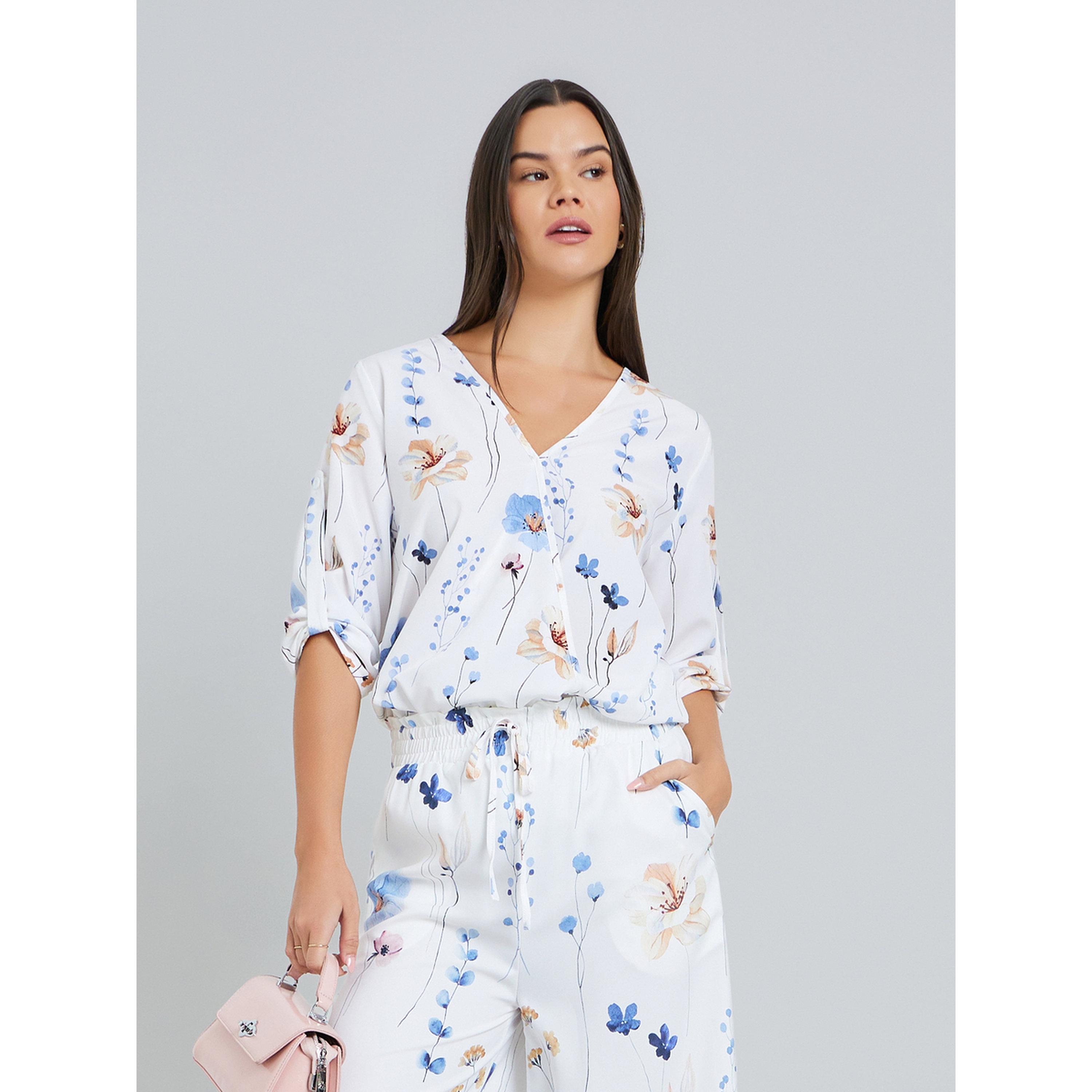 بلوزة نسائية بأكمام قابلة للطي وطبعة زهور-women-clothing-shirtsandblouses-blouses-image-3