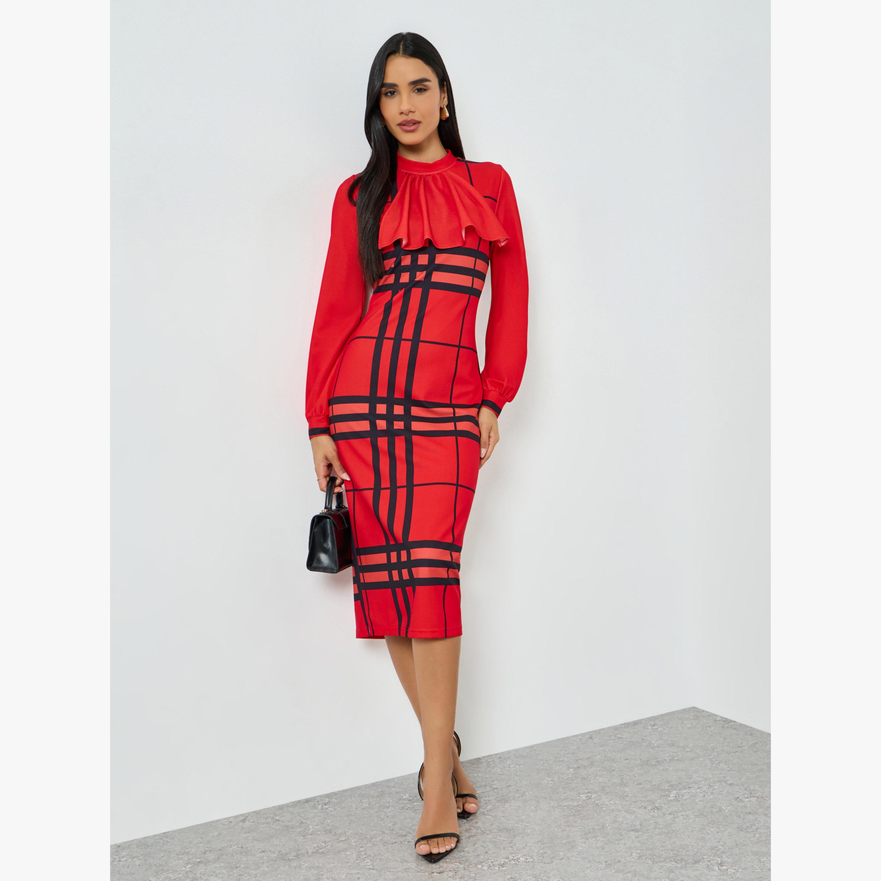 Take Two Red Checked Long Sleeve Bodycon Midi Dress-women-clothing-dresses-image-1