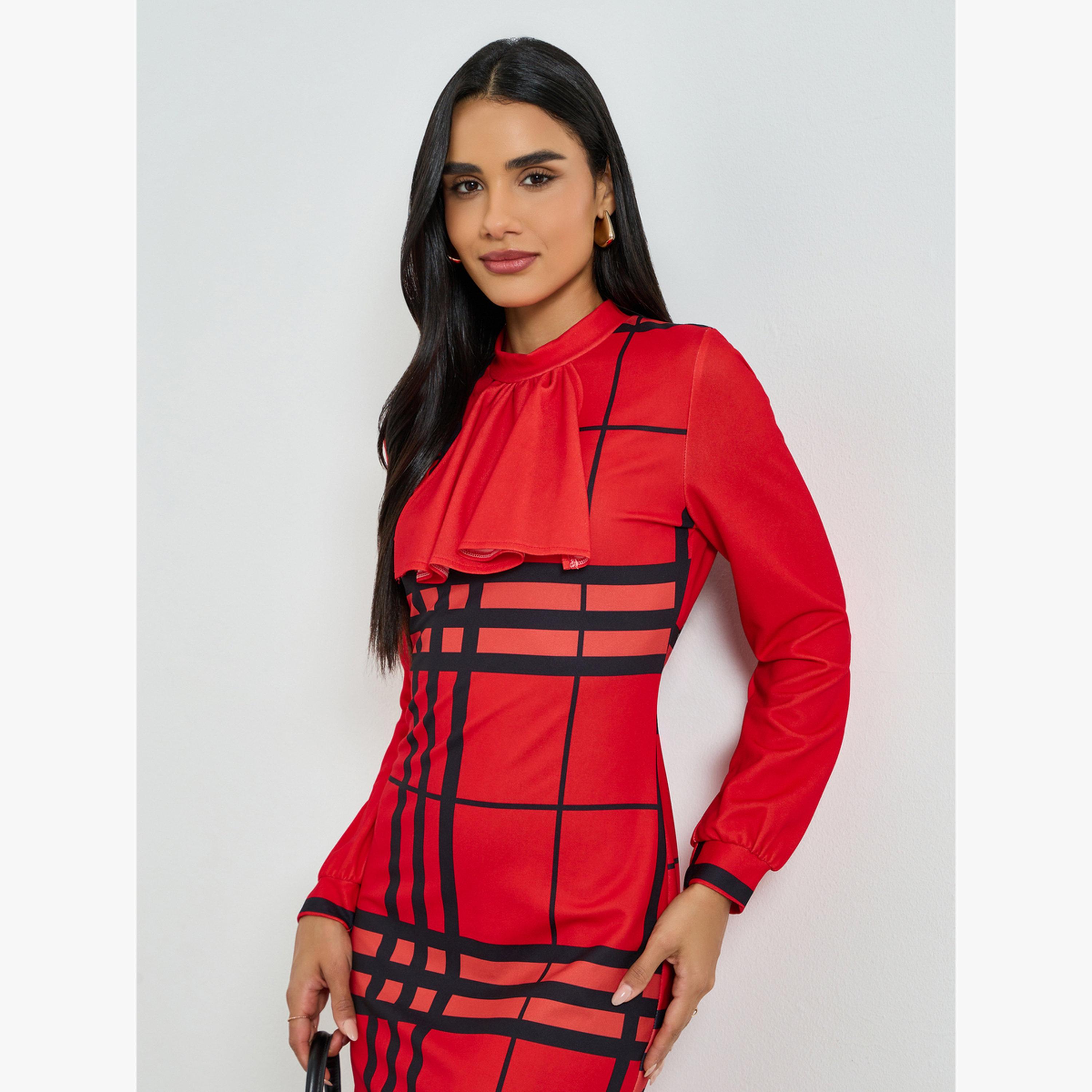 Take Two Red Checked Long Sleeve Bodycon Midi Dress-women-clothing-dresses-image-3
