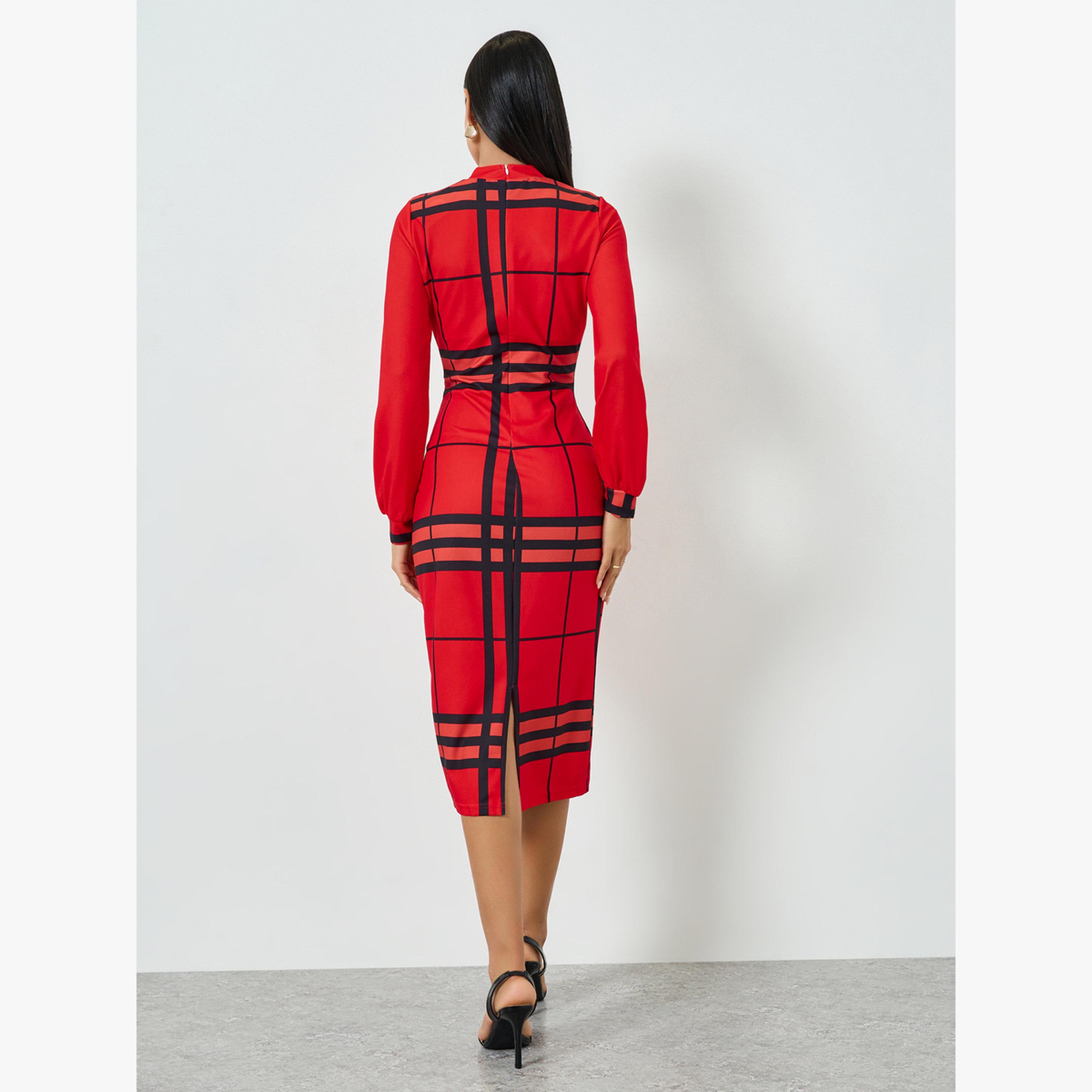 Take Two Red Checked Long Sleeve Bodycon Midi Dress-women-clothing-dresses-image-4