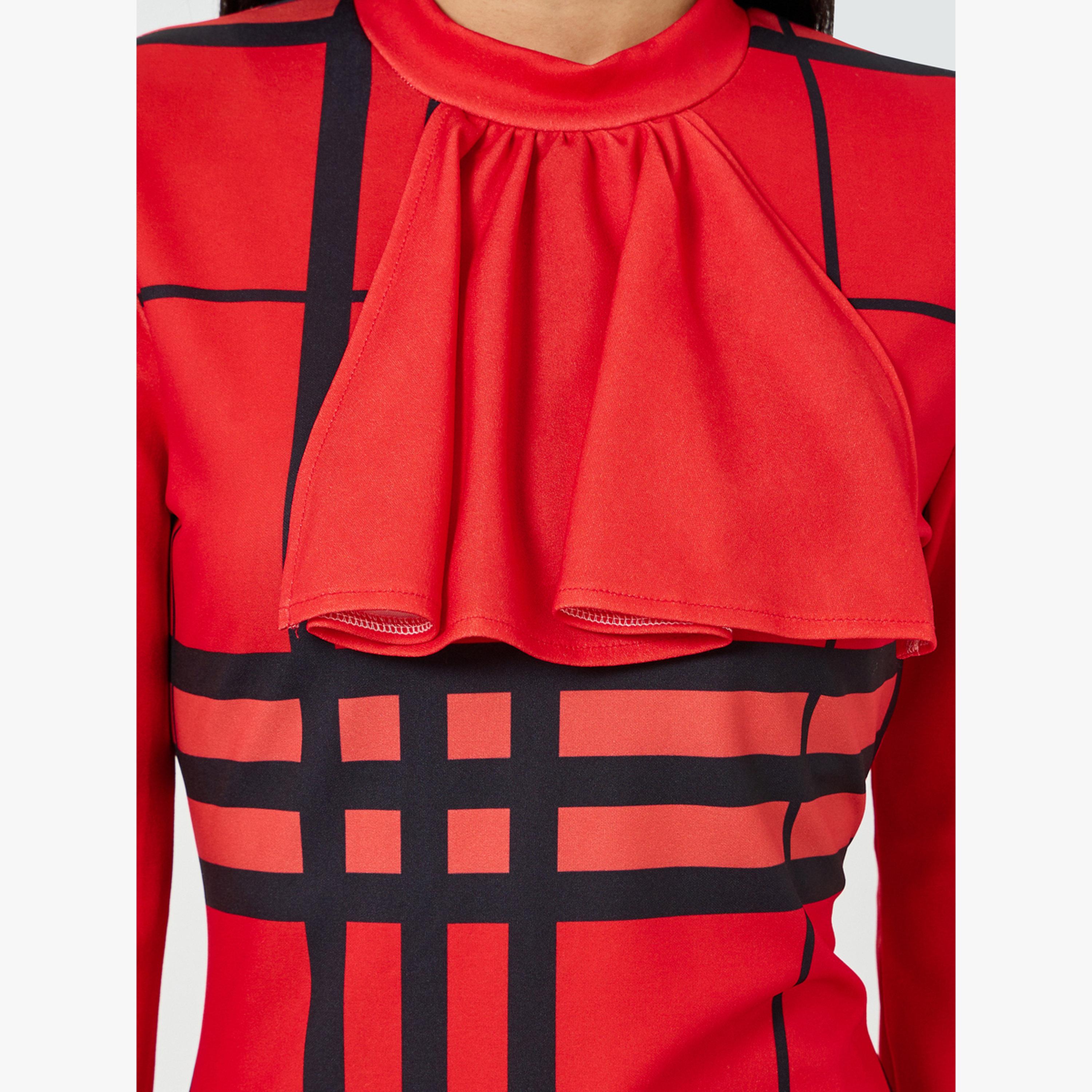 Take Two Red Checked Long Sleeve Bodycon Midi Dress-women-clothing-dresses-image-5