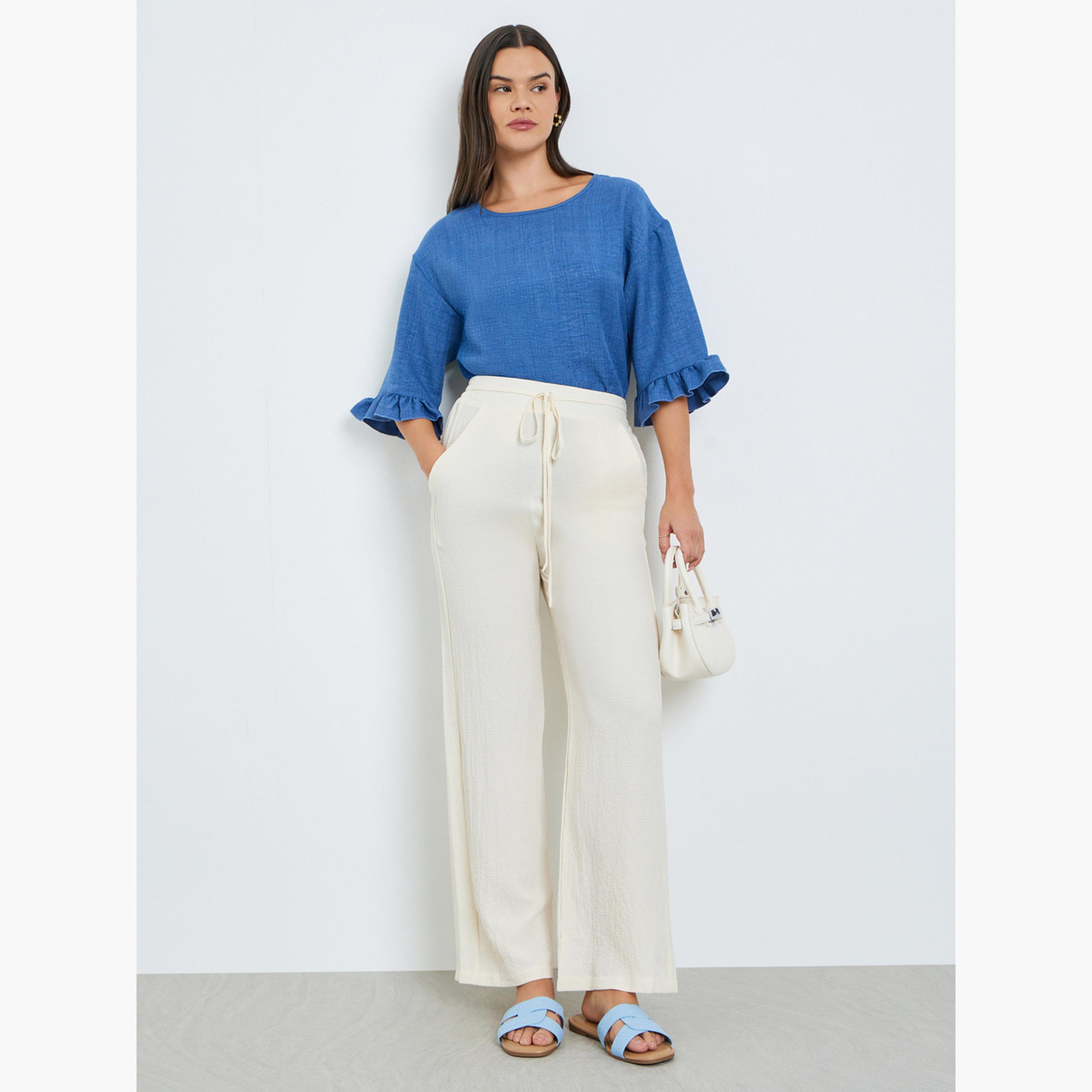 بنطال نسائي بأرجل مستقيمة وخصر برباط بلون أبيض-women-clothing-bottoms-trousers-image-2