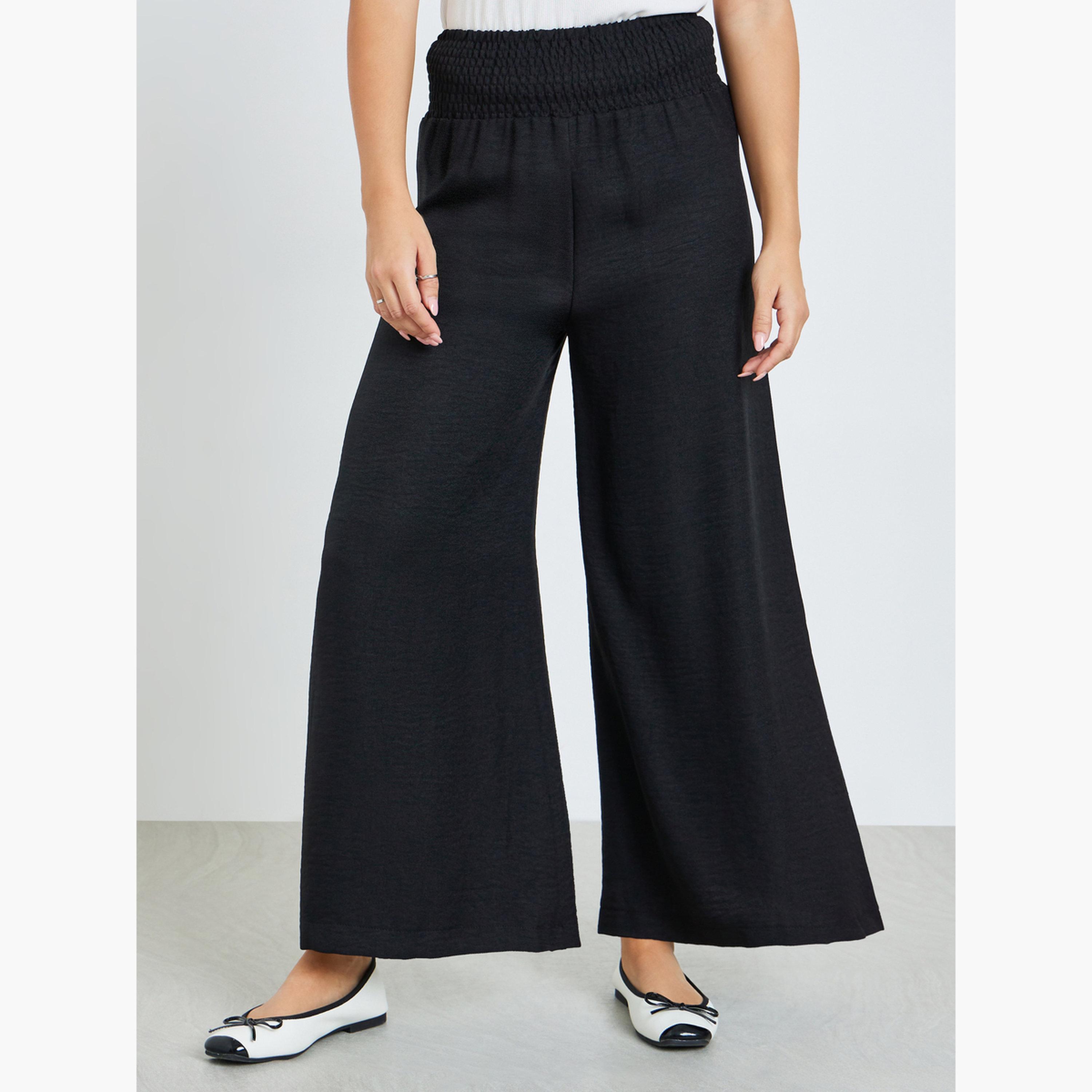 بنطال نسائي بقصة واسعة وخصر مزموم بلون أسود-women-clothing-bottoms-trousers-image-1