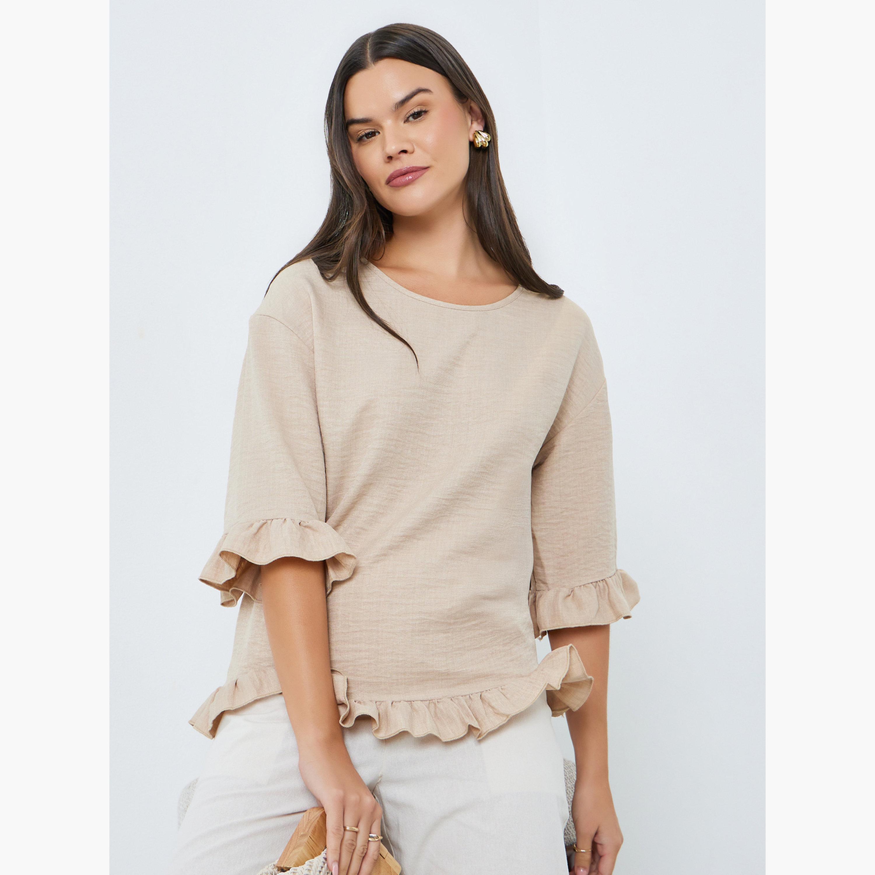 بلوزة بيج بأكمام ثلاثة أرباع وتفاصيل كشكشة-women-clothing-shirtsandblouses-blouses-image-1