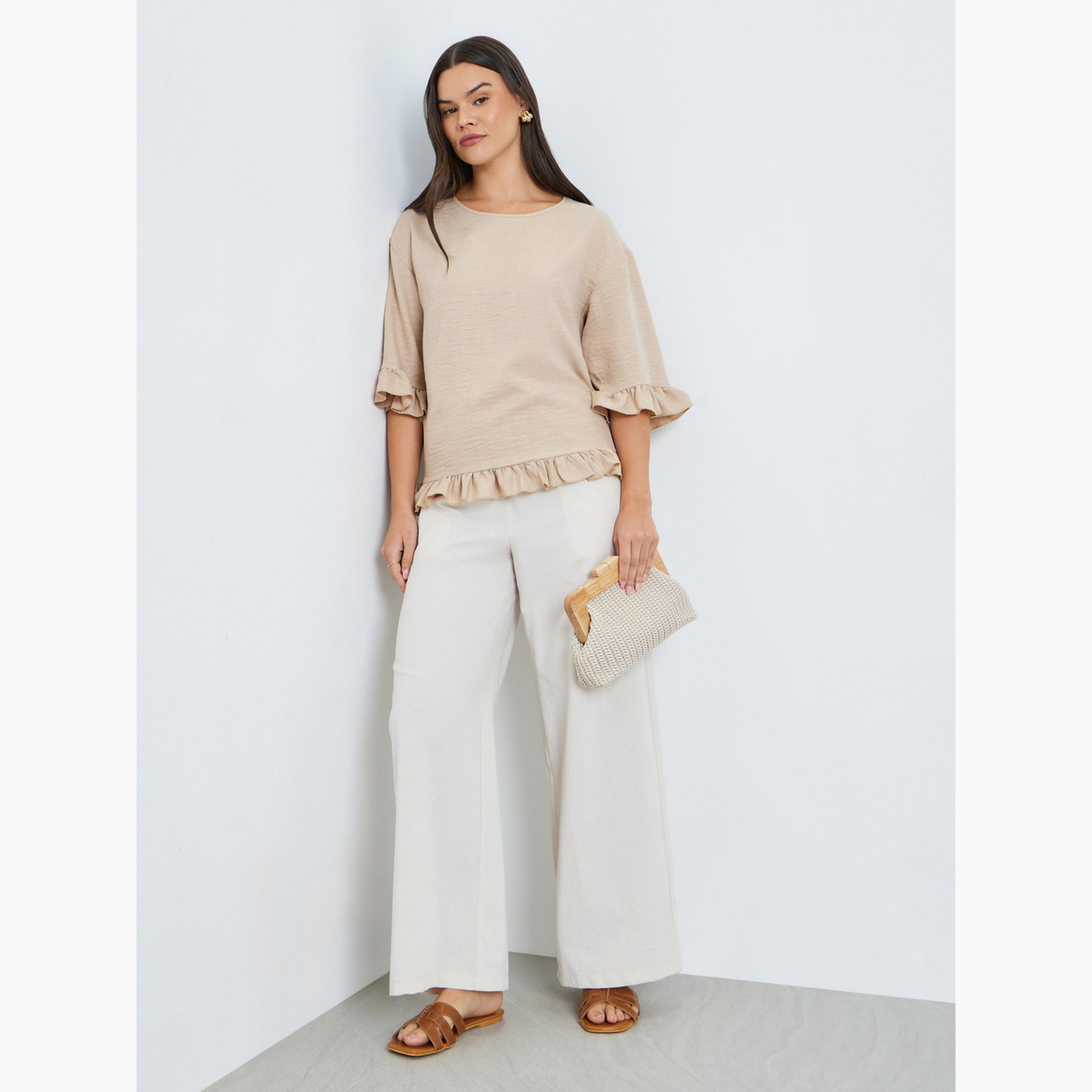 Take Two Beige Ruffle Trim 3/4 Sleeve Top-women-clothing-shirtsandblouses-blouses-image-2