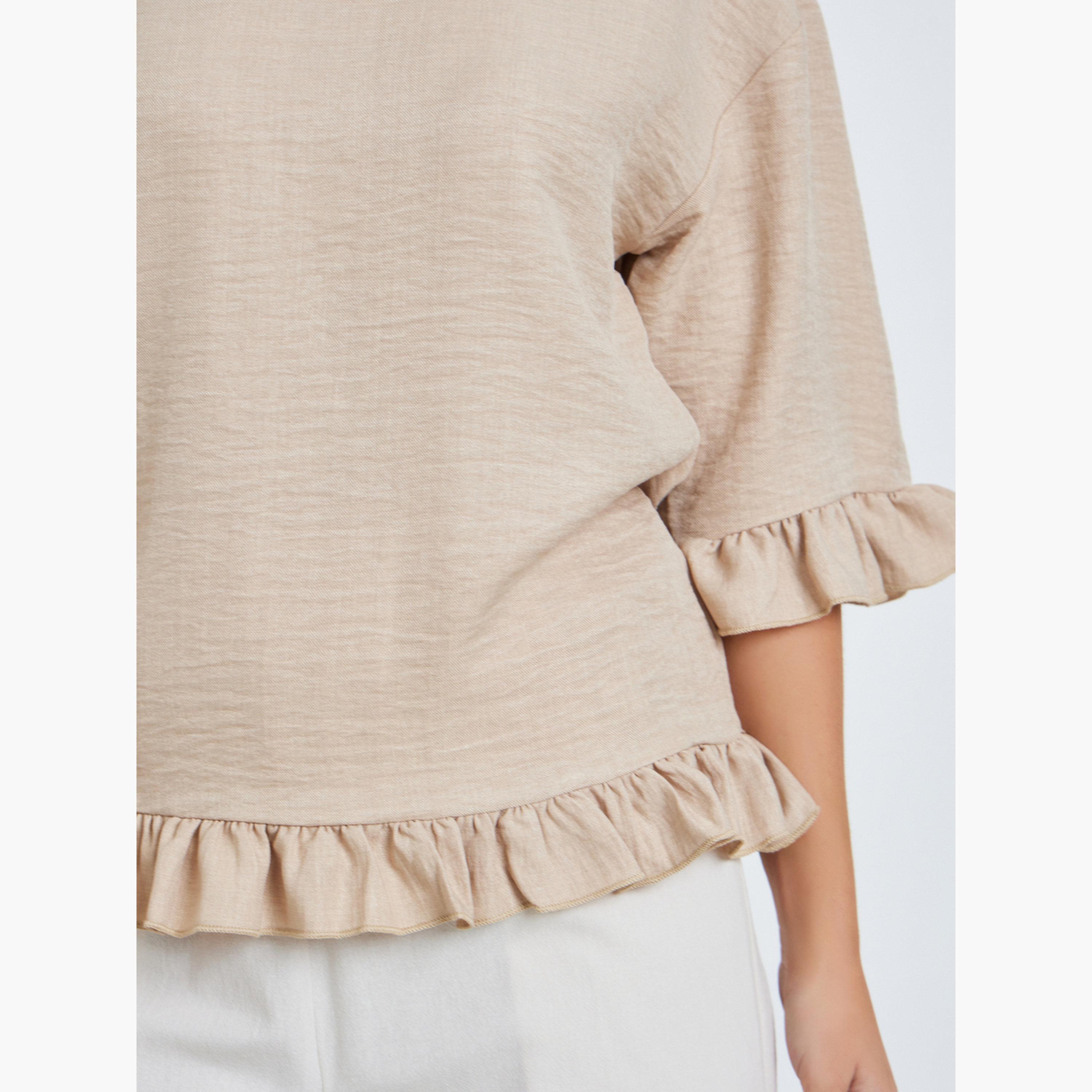 Take Two Beige Ruffle Trim 3/4 Sleeve Top-women-clothing-shirtsandblouses-blouses-image-3