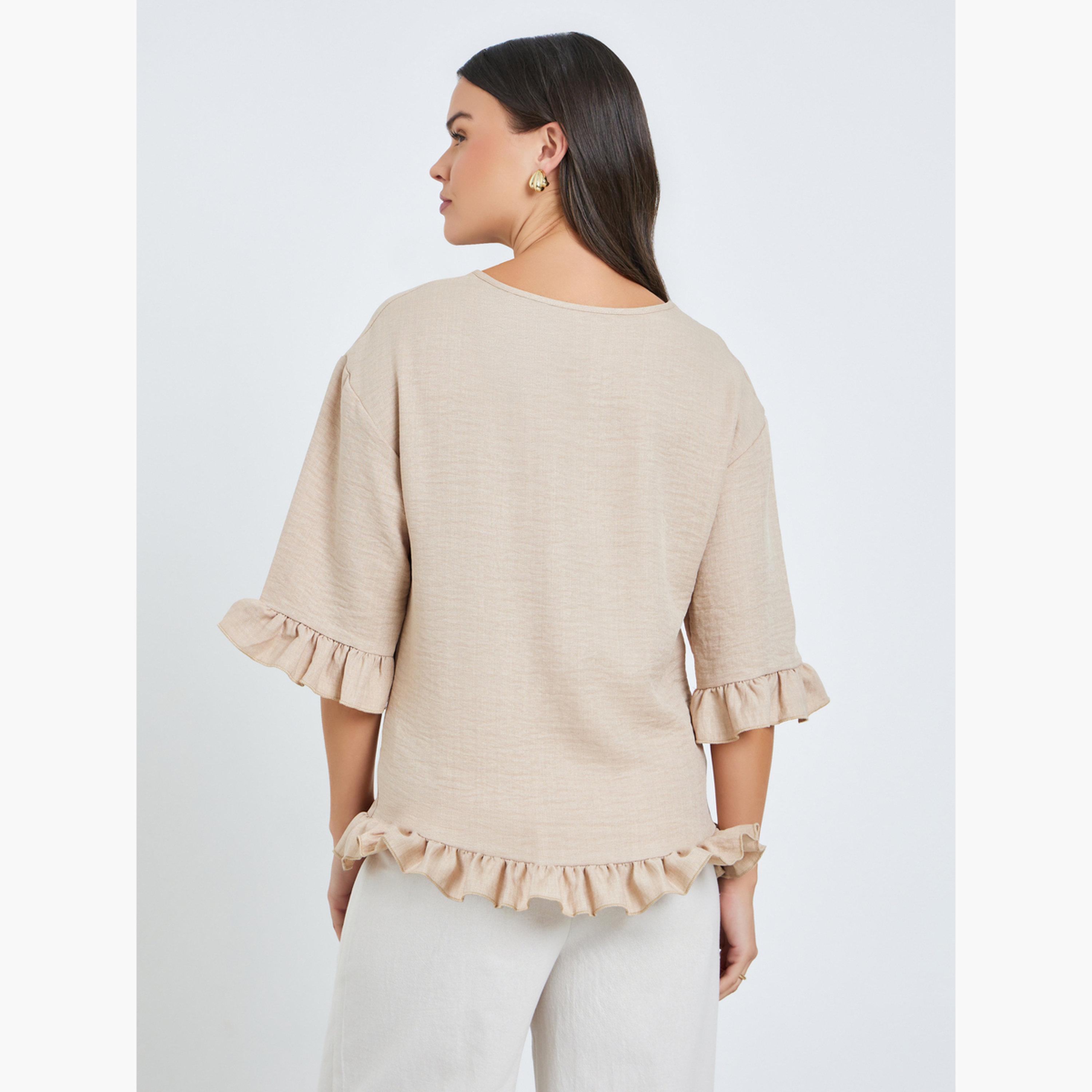 Take Two Beige Ruffle Trim 3/4 Sleeve Top-women-clothing-shirtsandblouses-blouses-image-4