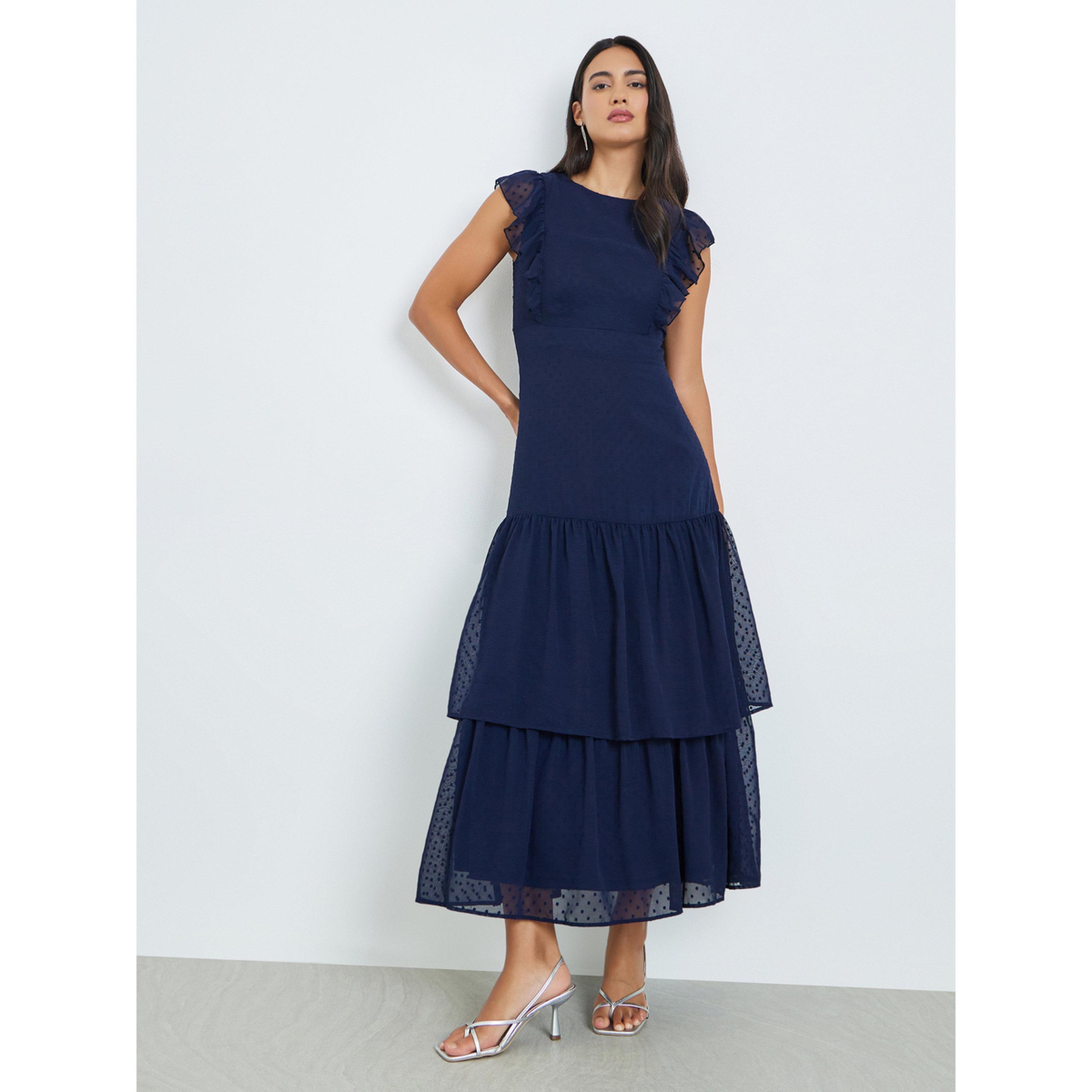 Styli Navy Blue Dobby Tiered Maxi Dress-women-clothing-dresses-image-3