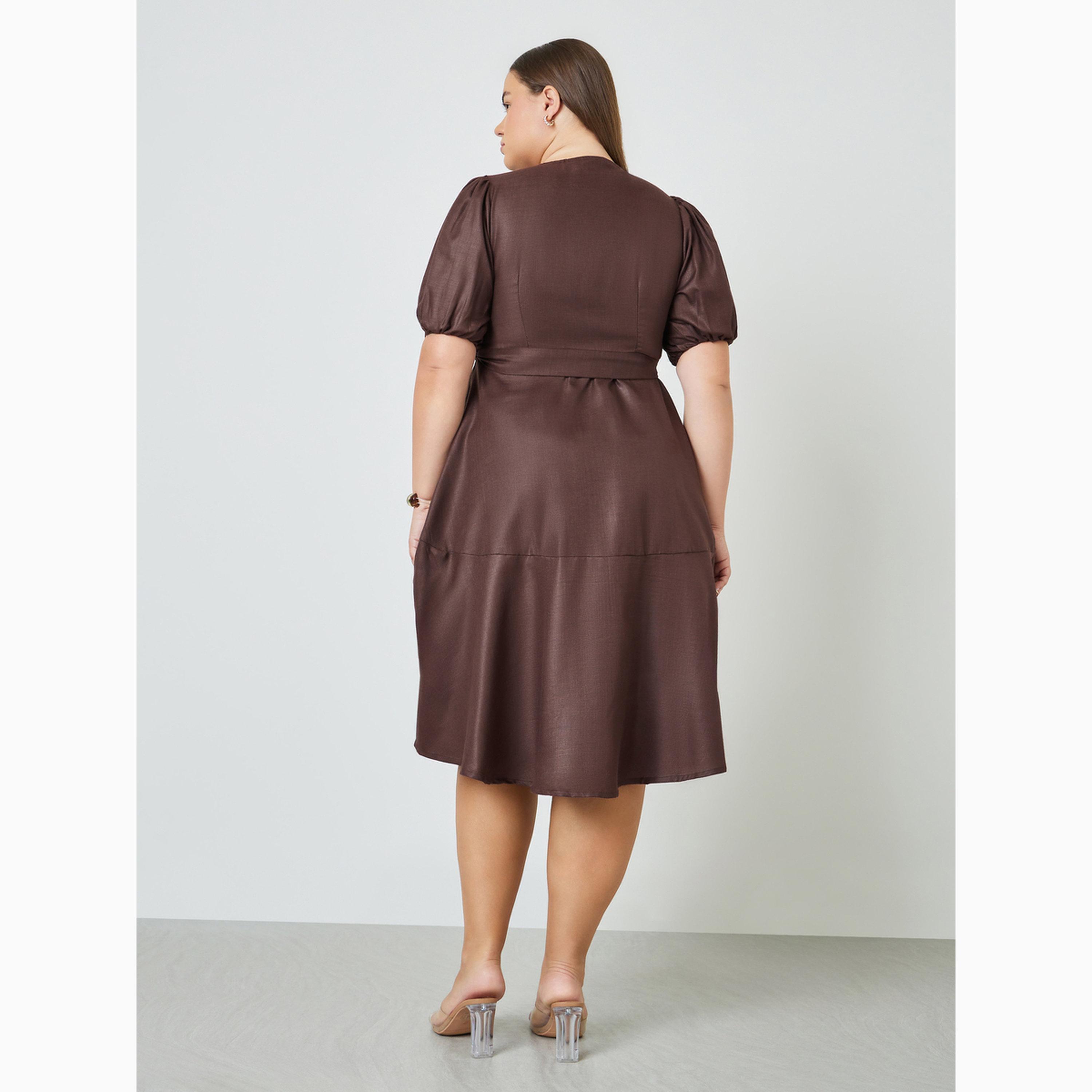 Styli Plus Size Solid Puff Sleeve Midi Dress with Tie Belt-women-clothing-dresses-image-4