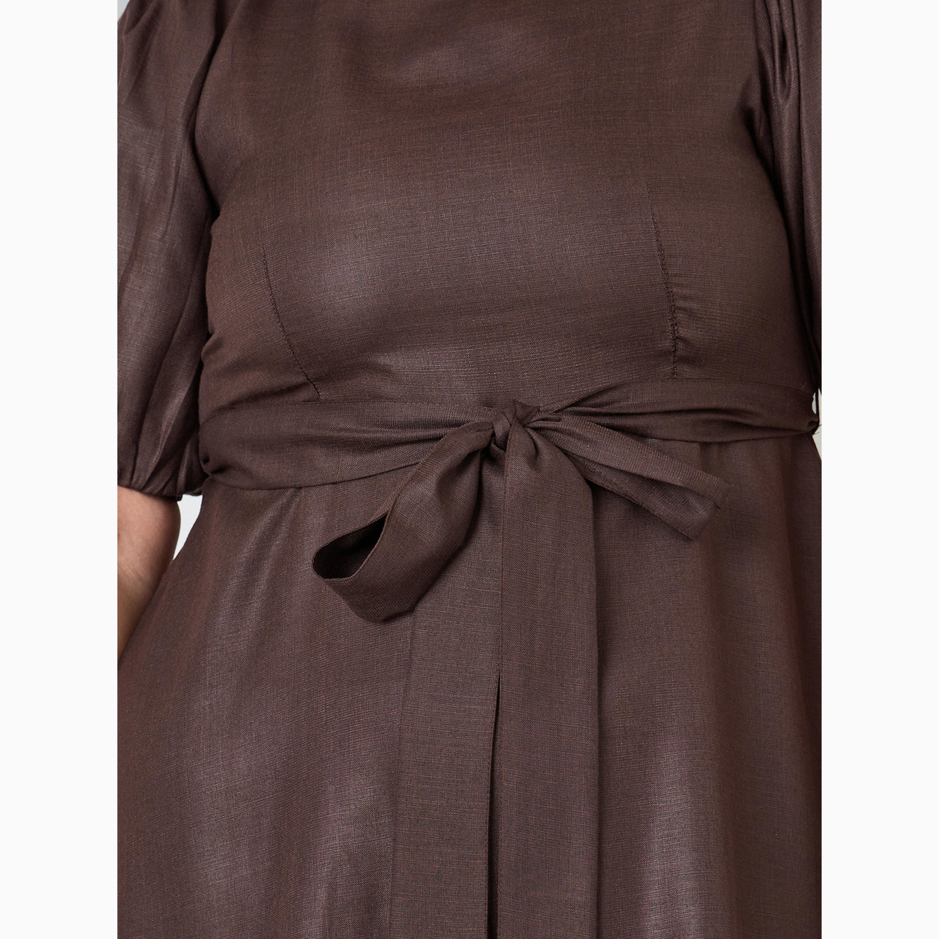 فستان ميدي متوسط الطول بلون سادة وأكمام منفوخة مع حزام يربط بمقاس كبير-women-clothing-dresses-image-5