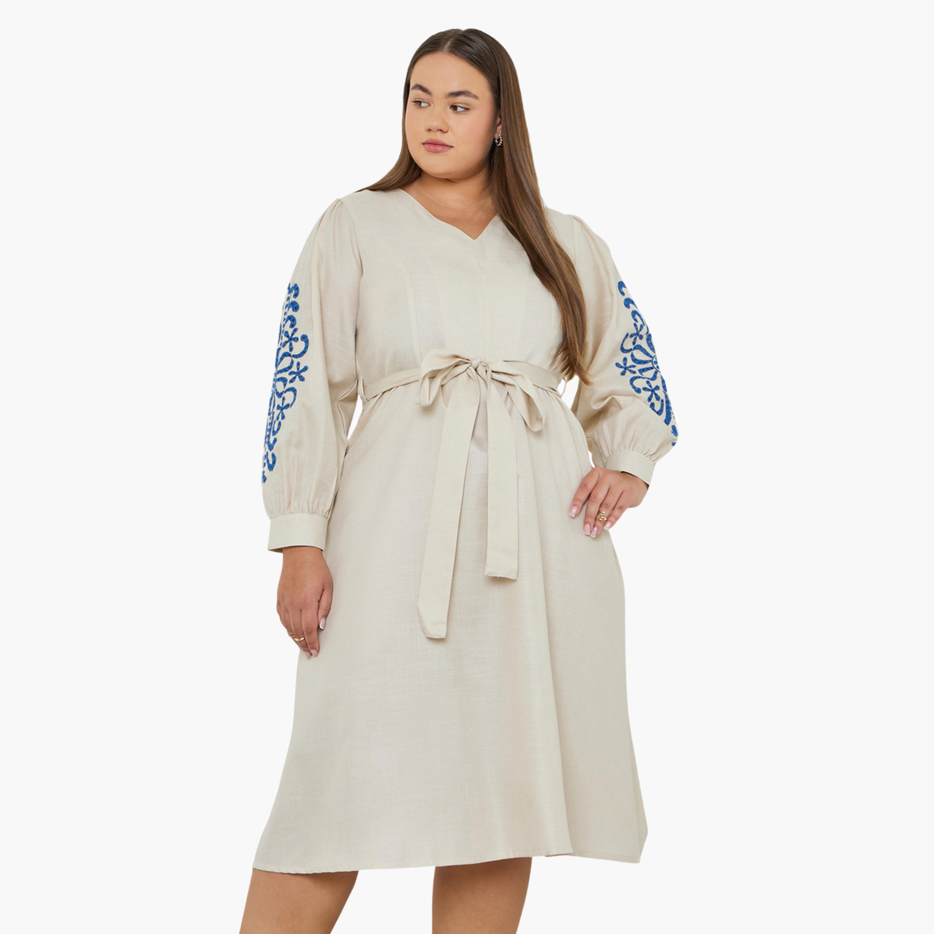 Styli Plus Size Embroidered Sleeve Midi Dress with Tie-Belt-women-clothing-dresses-image-1