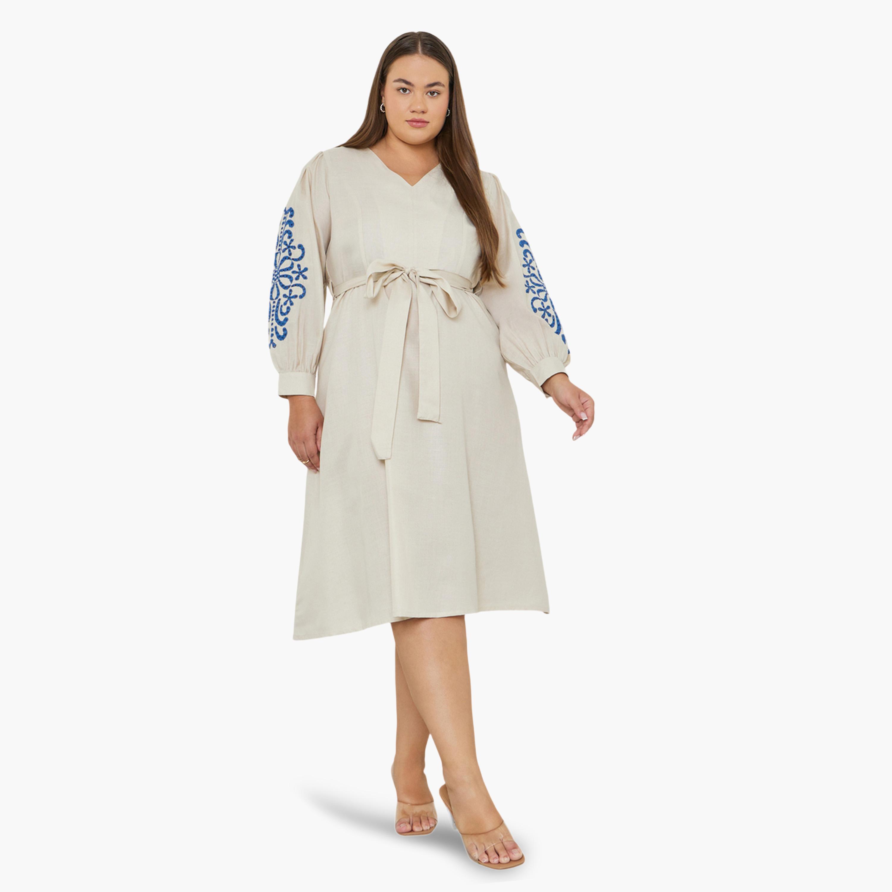 Styli Plus Size Embroidered Sleeve Midi Dress with Tie-Belt-women-clothing-dresses-image-3