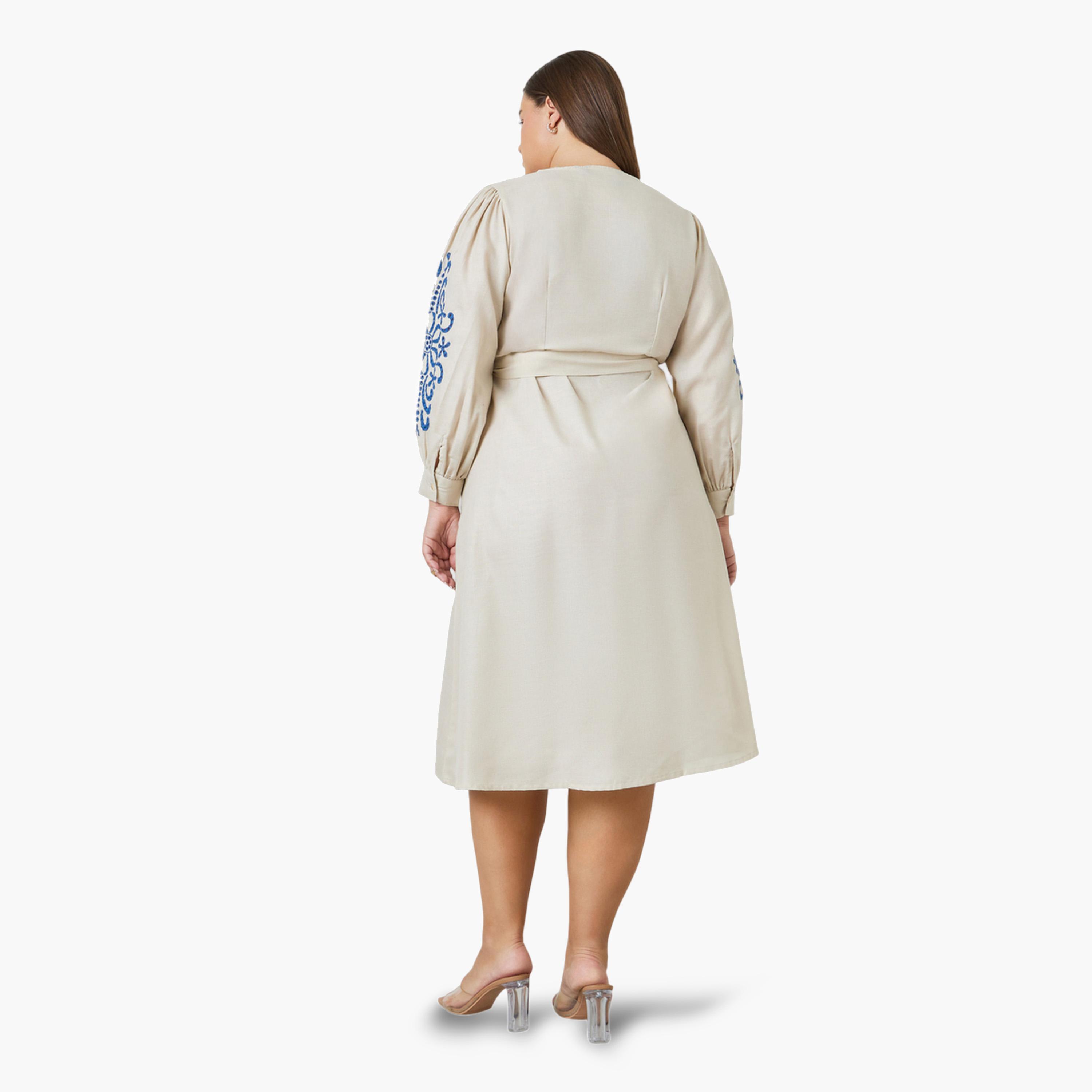 Styli Plus Size Embroidered Sleeve Midi Dress with Tie-Belt-women-clothing-dresses-image-4