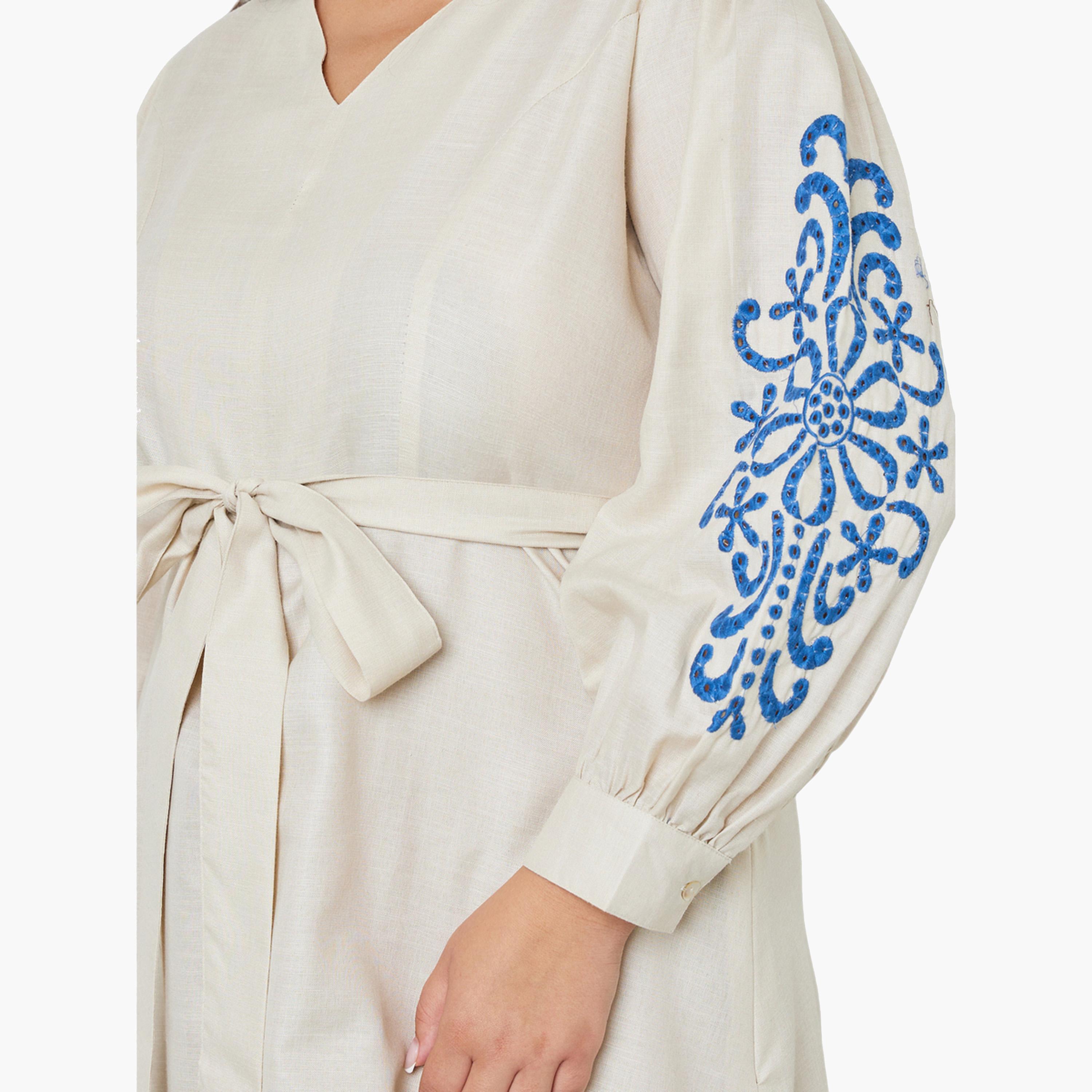 فستان ميدي متوسط الطول بأكمام مطرزة مع حزام يربط بمقاس كبير-women-clothing-dresses-image-5