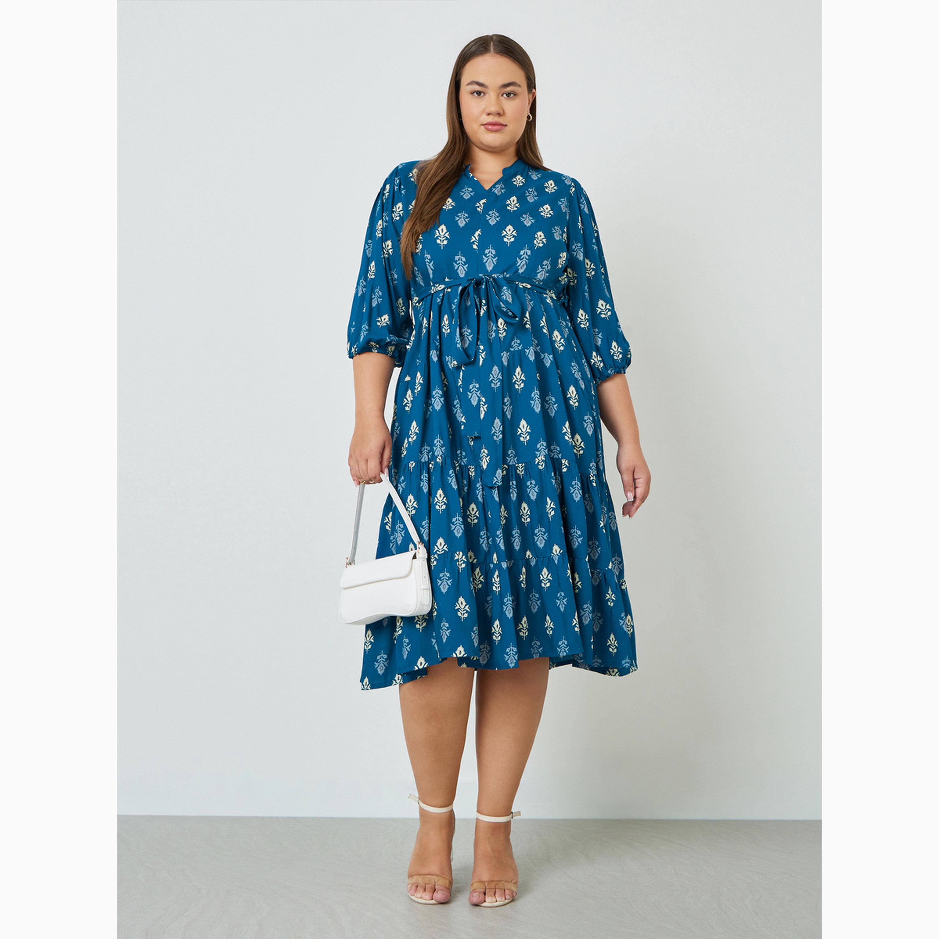 فستان ميدي متوسط الطول بنمط طبقات وطبعة بمقاس كبير-women-clothing-dresses-image-3
