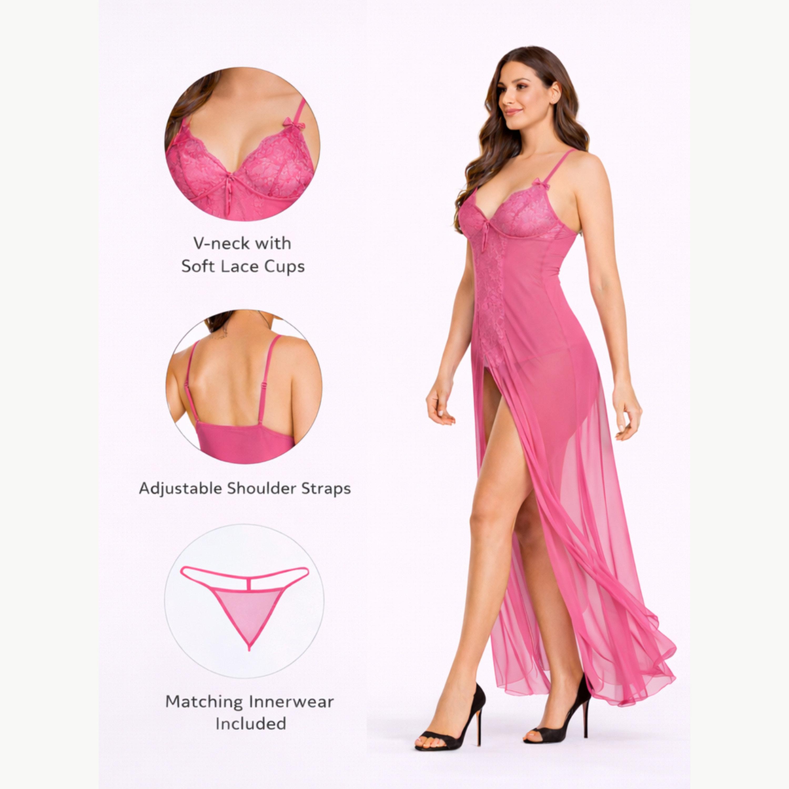 فستان نوم شبكي بفتحة عالية وتفاصيل دانتيل مع سراويل داخلية-women-clothing-lingerie-babydollsandbodysuits-image-3