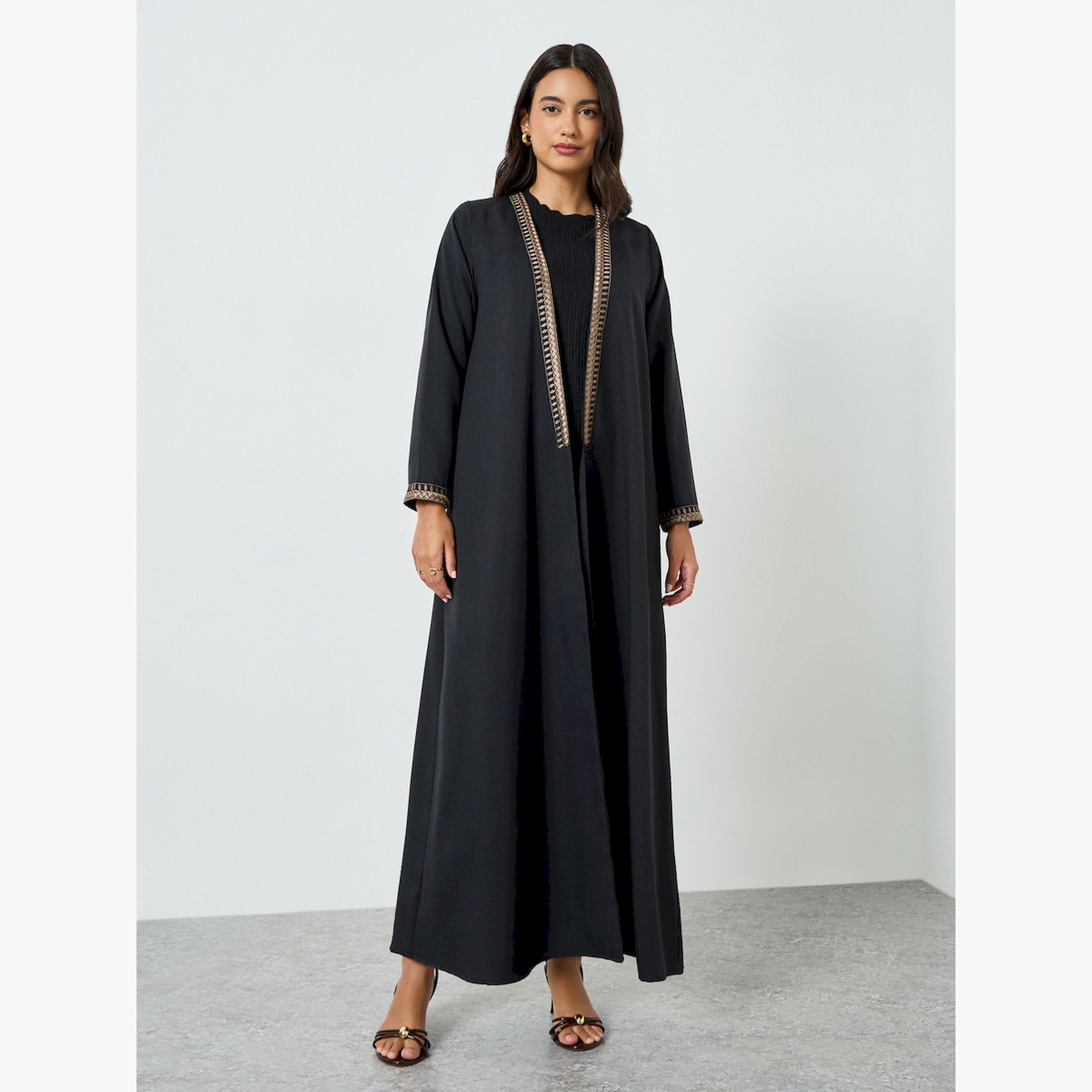 Styli Black Embroidered Open Front Abaya-women-arabicclothing-abayas-image-1