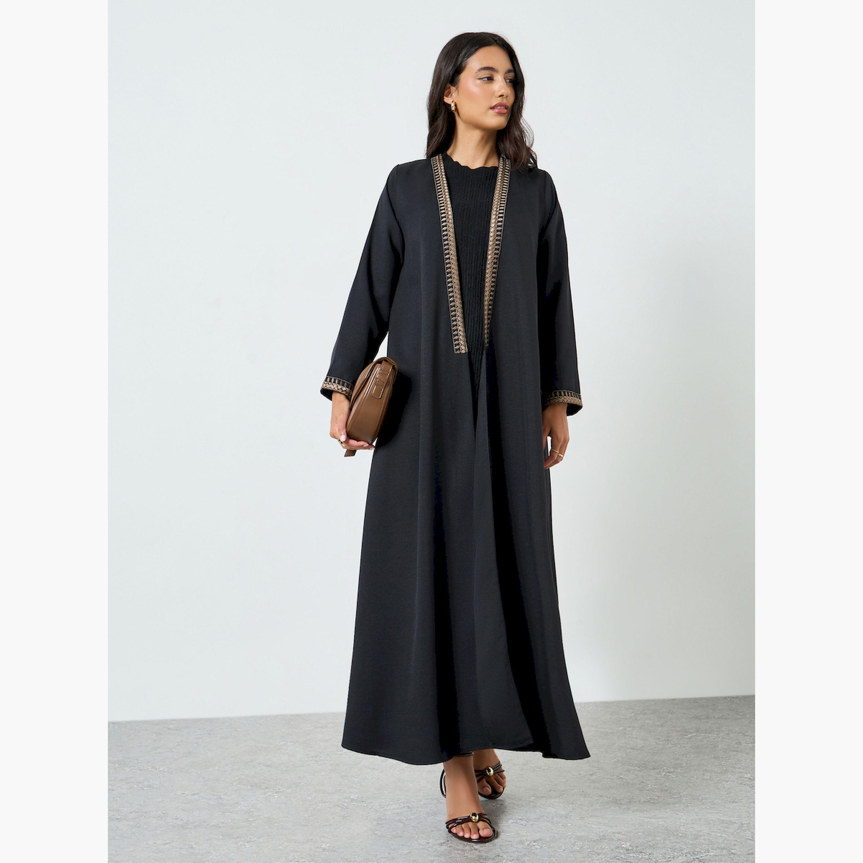 Styli Black Embroidered Open Front Abaya-women-arabicclothing-abayas-image-3