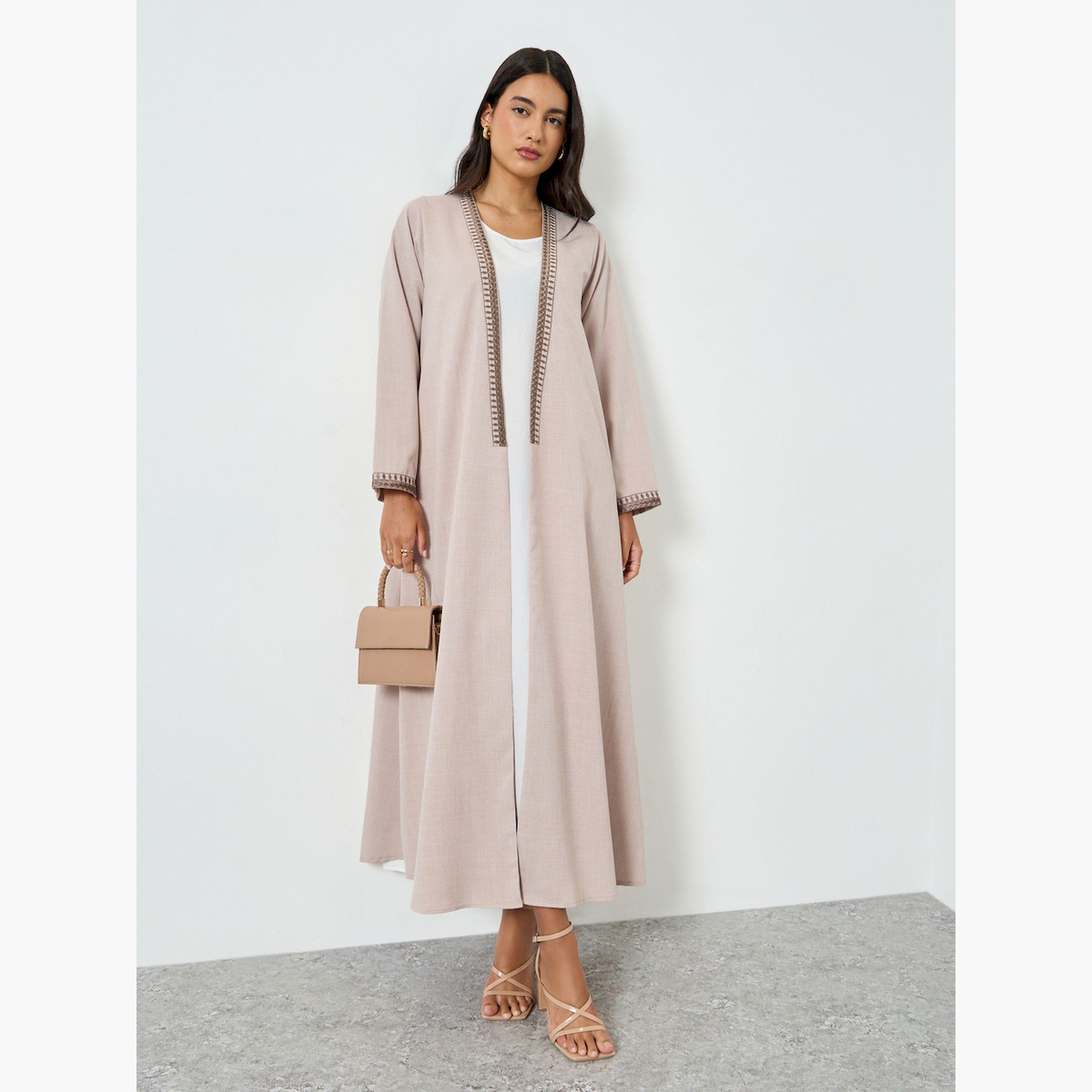 Styli Beige Embroidered Open Front Abaya-women-arabicclothing-abayas-image-1