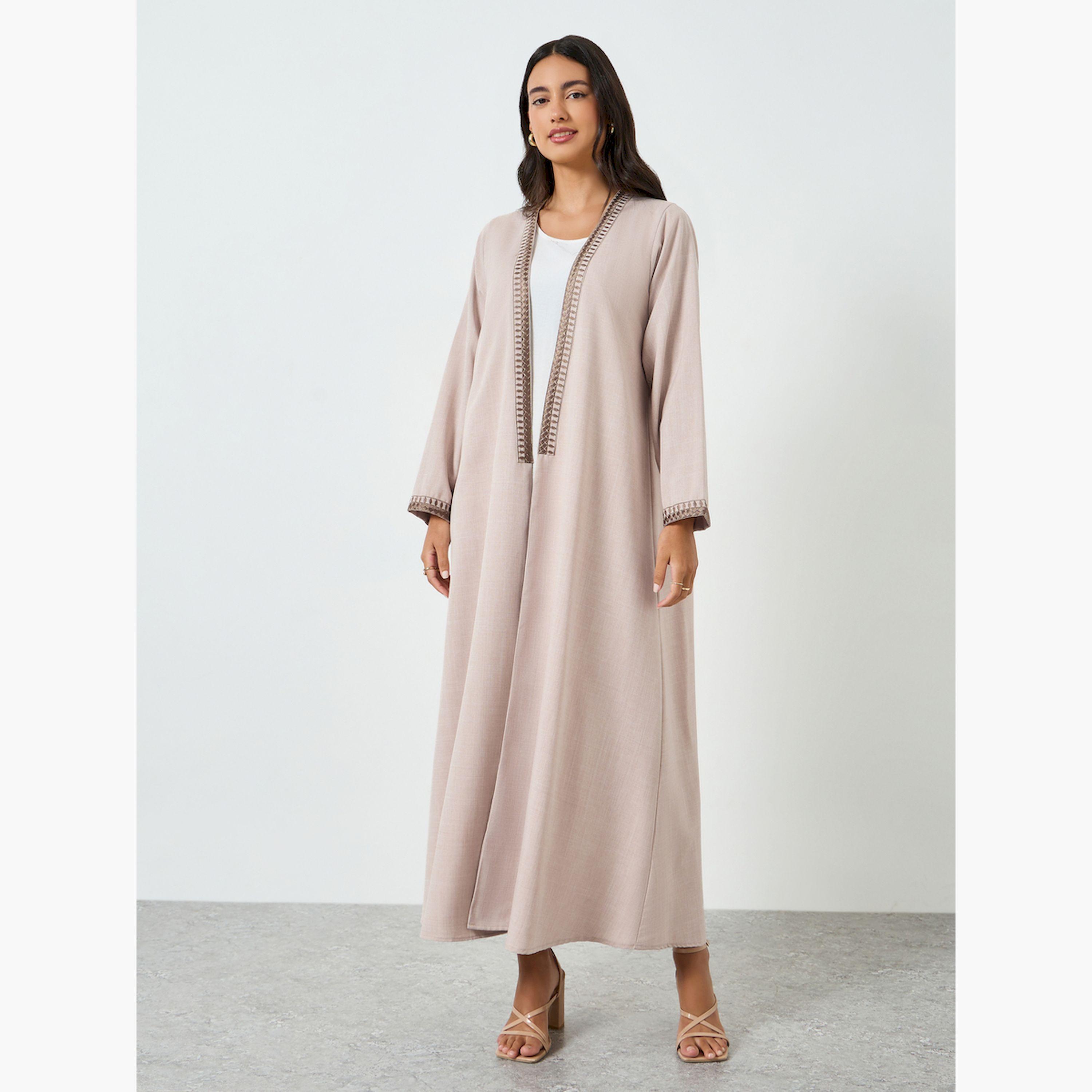Styli Beige Embroidered Open Front Abaya-women-arabicclothing-abayas-image-3
