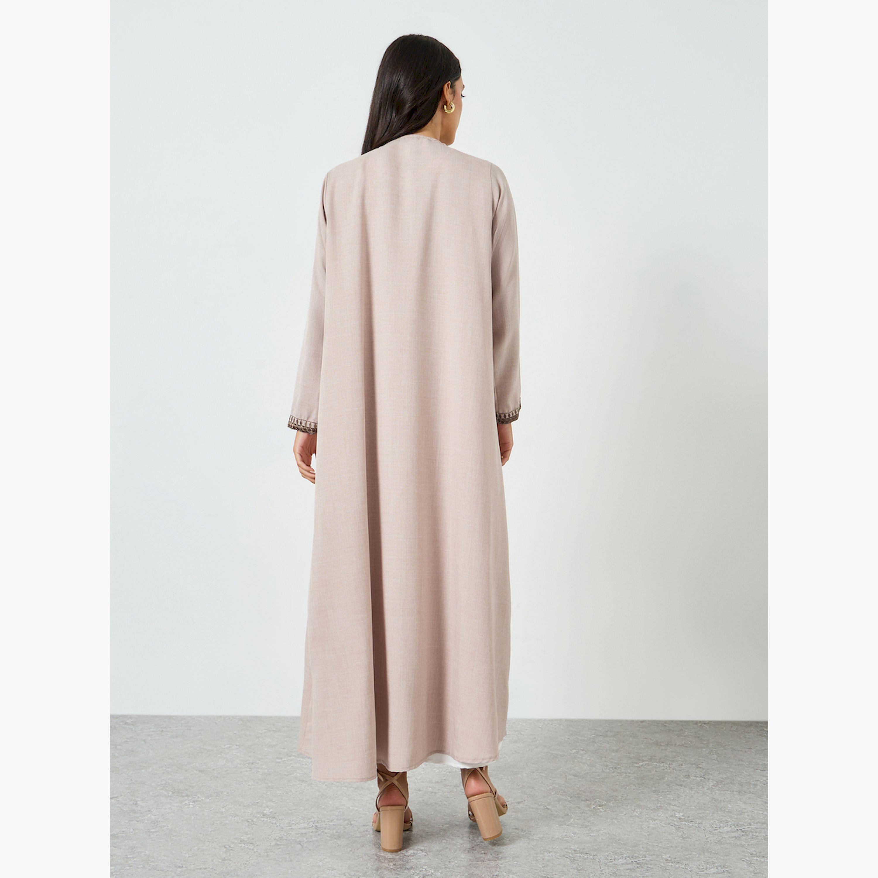 Styli Beige Embroidered Open Front Abaya-women-arabicclothing-abayas-image-4