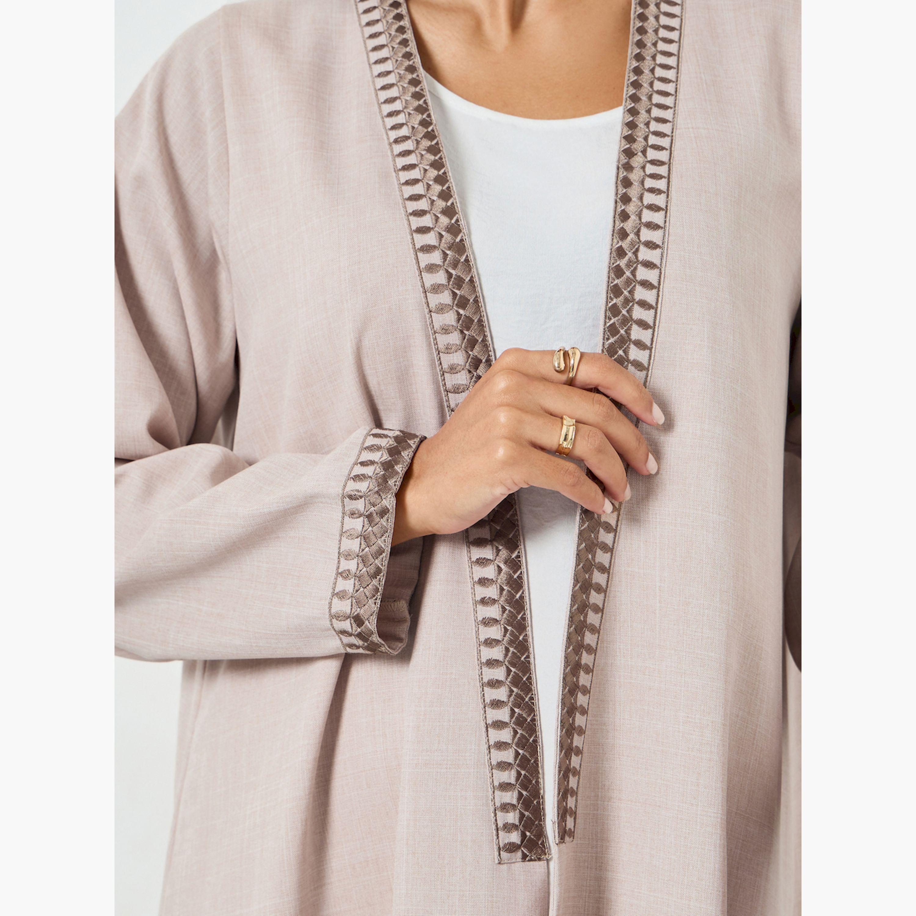Styli Beige Embroidered Open Front Abaya-women-arabicclothing-abayas-image-5