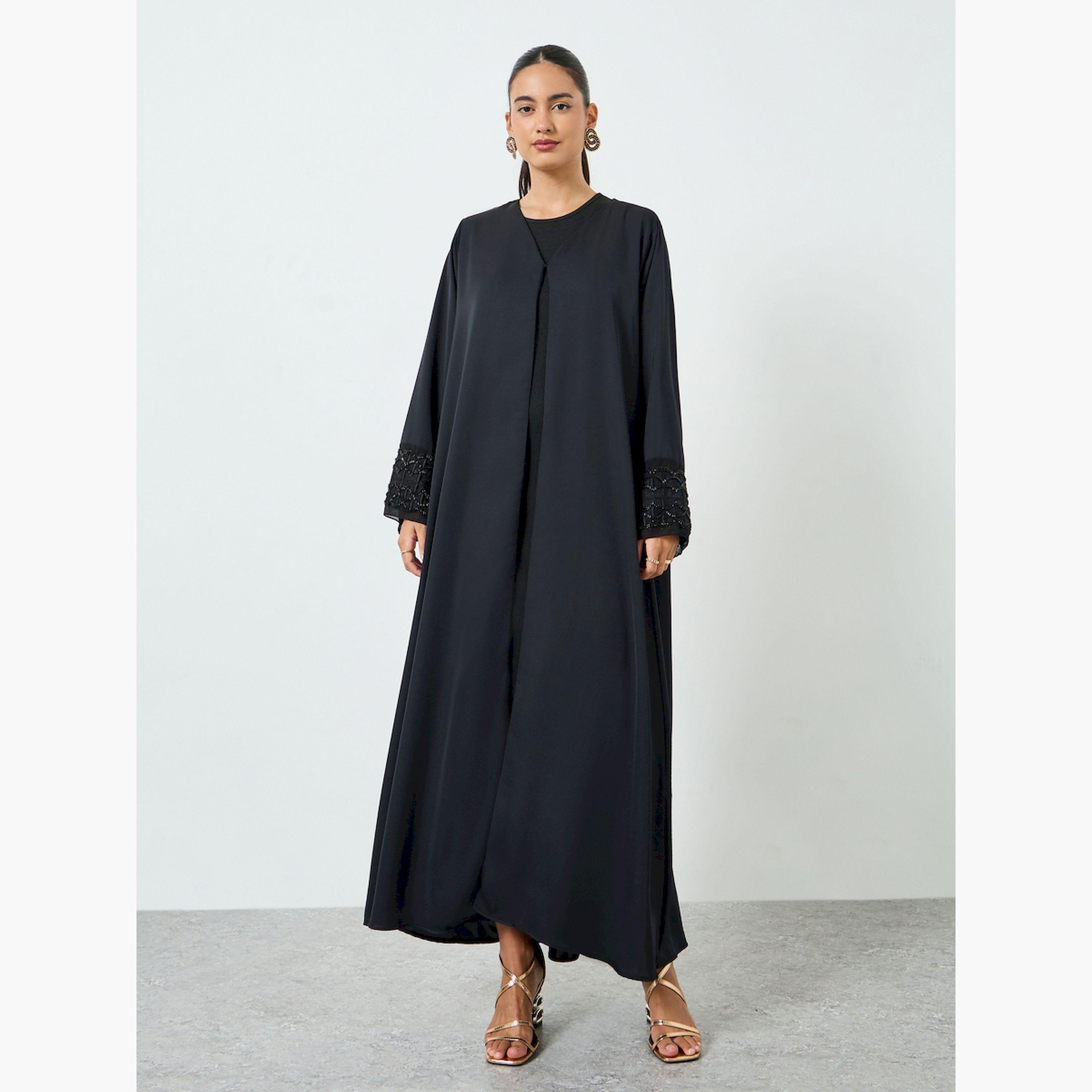 عباية مفتوحة من الامام مع أكمام شبكية ومُطرّزة-women-arabicclothing-abayas-image-1