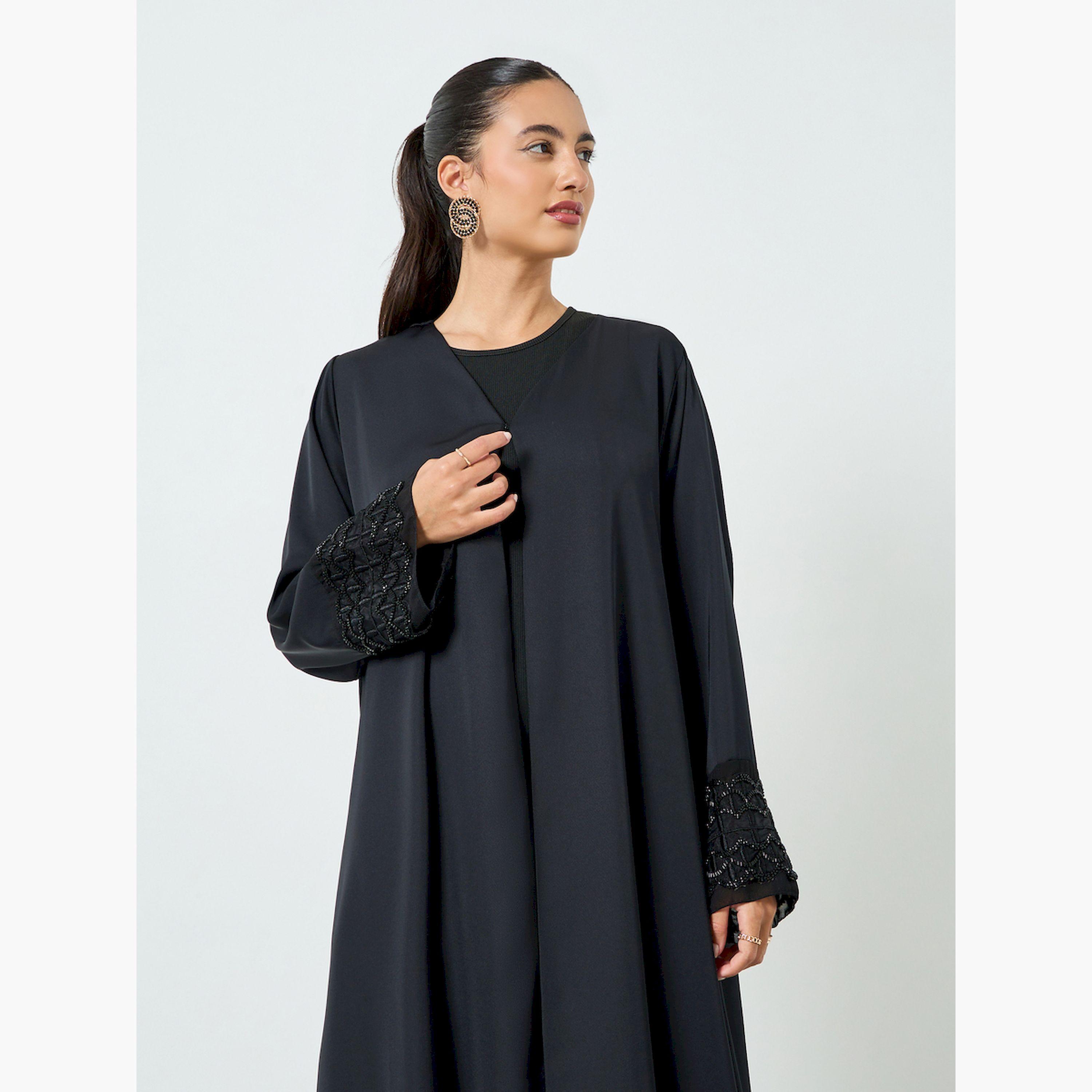 Styli Black Embroidered Mesh Sleeve Cuff Open Front Abaya-women-arabicclothing-abayas-image-2