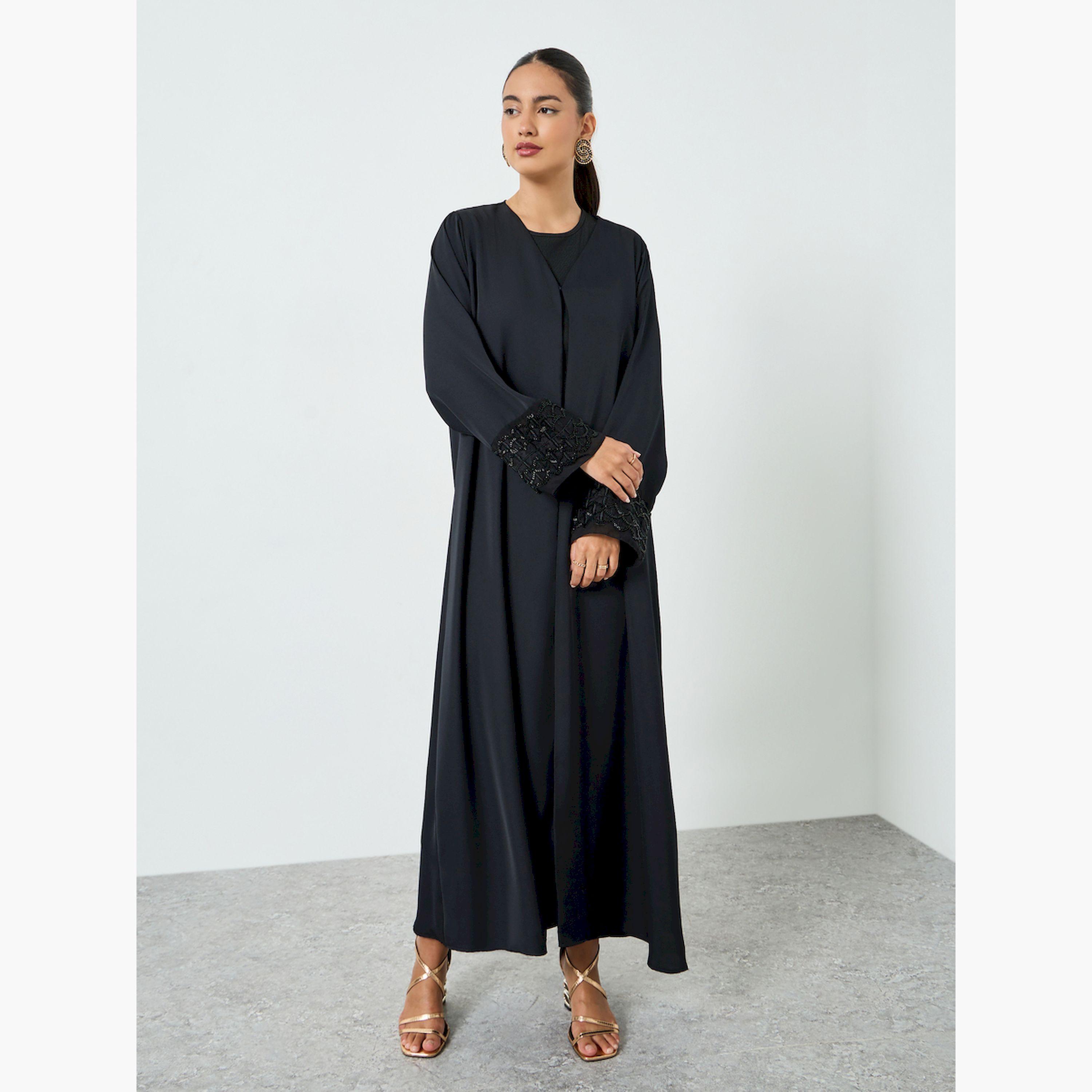 عباية مفتوحة من الامام مع أكمام شبكية ومُطرّزة-women-arabicclothing-abayas-image-3