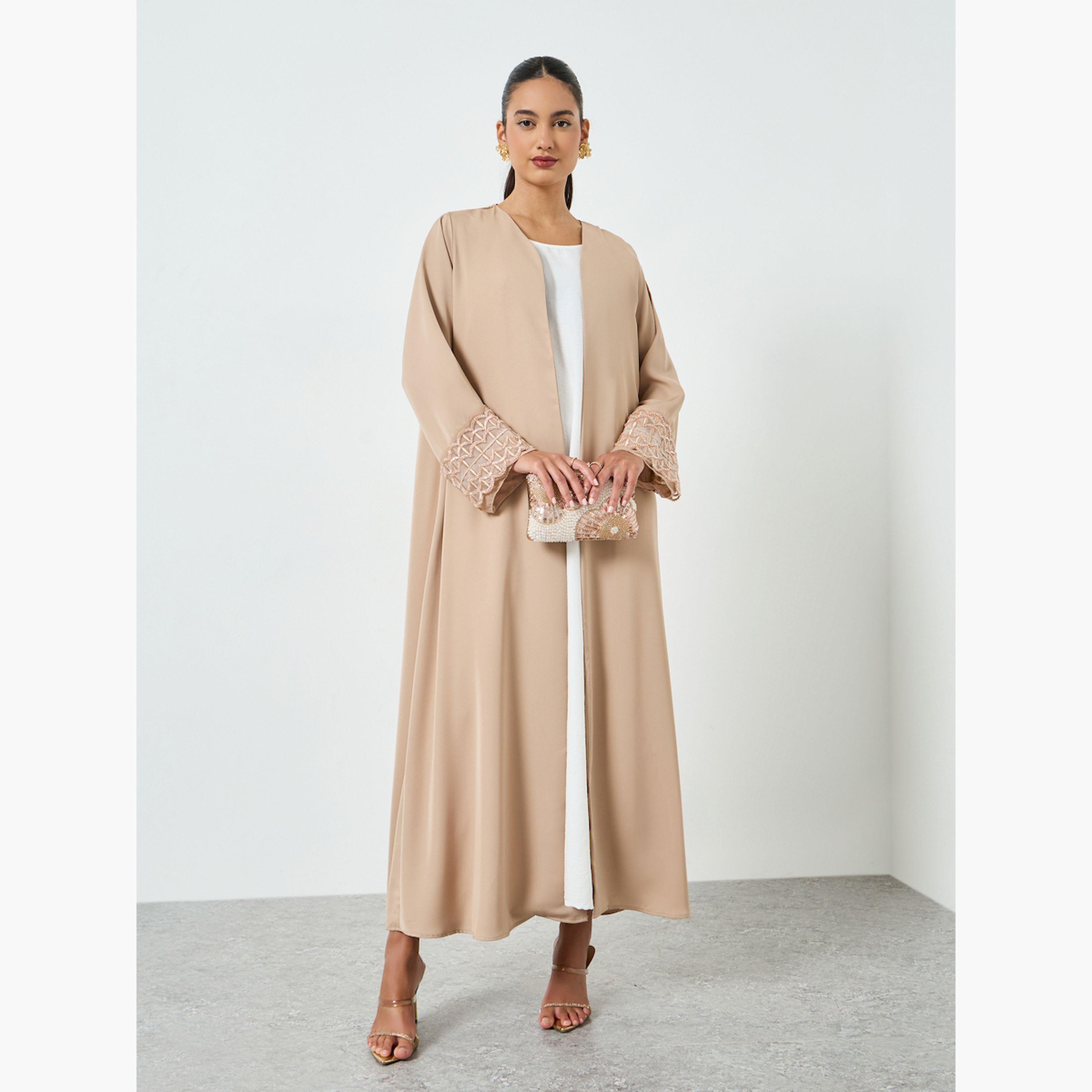 Styli Beige Embroidered Mesh Sleeve Cuff Open Front Abaya-women-arabicclothing-abayas-image-1