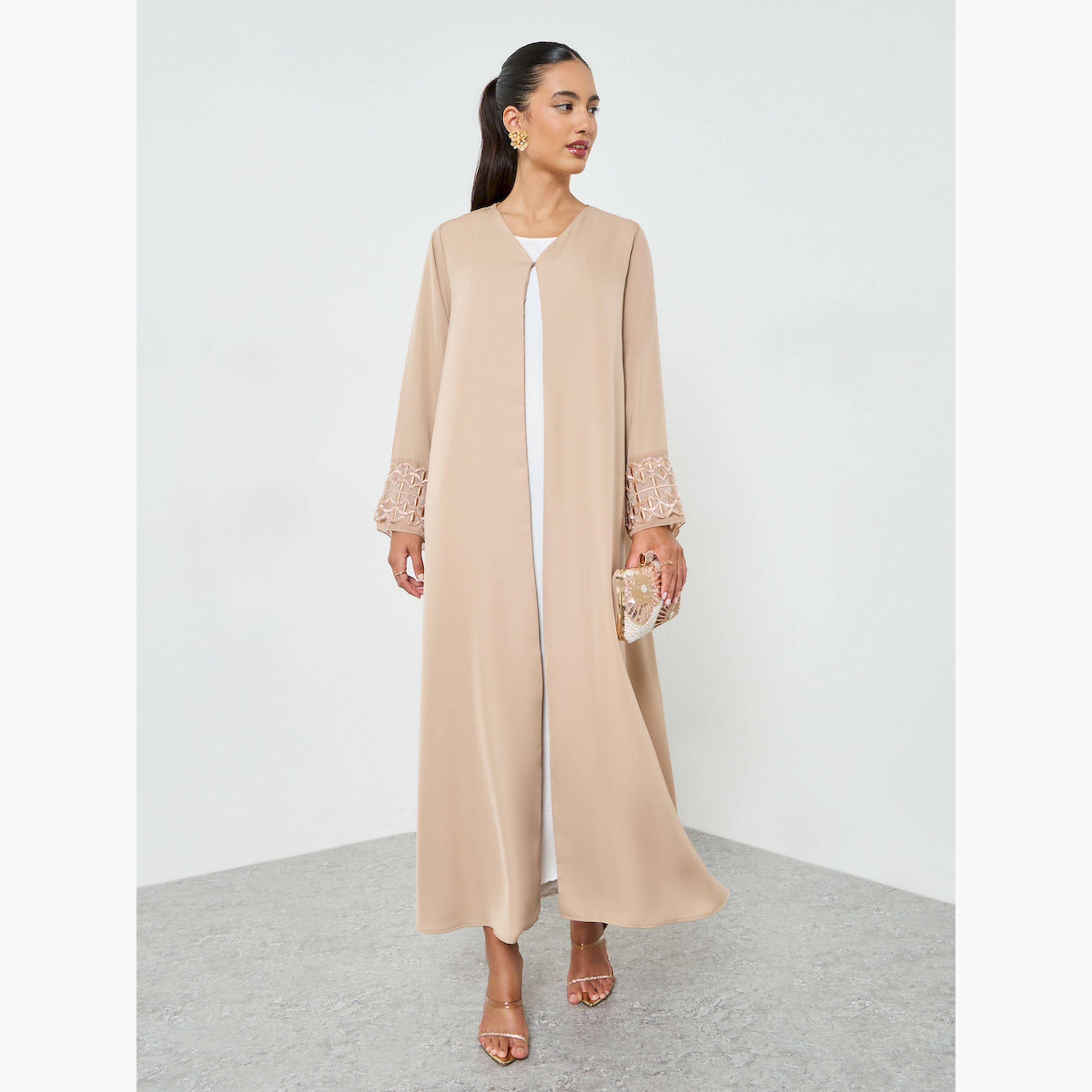 Styli Beige Embroidered Mesh Sleeve Cuff Open Front Abaya-women-arabicclothing-abayas-image-3
