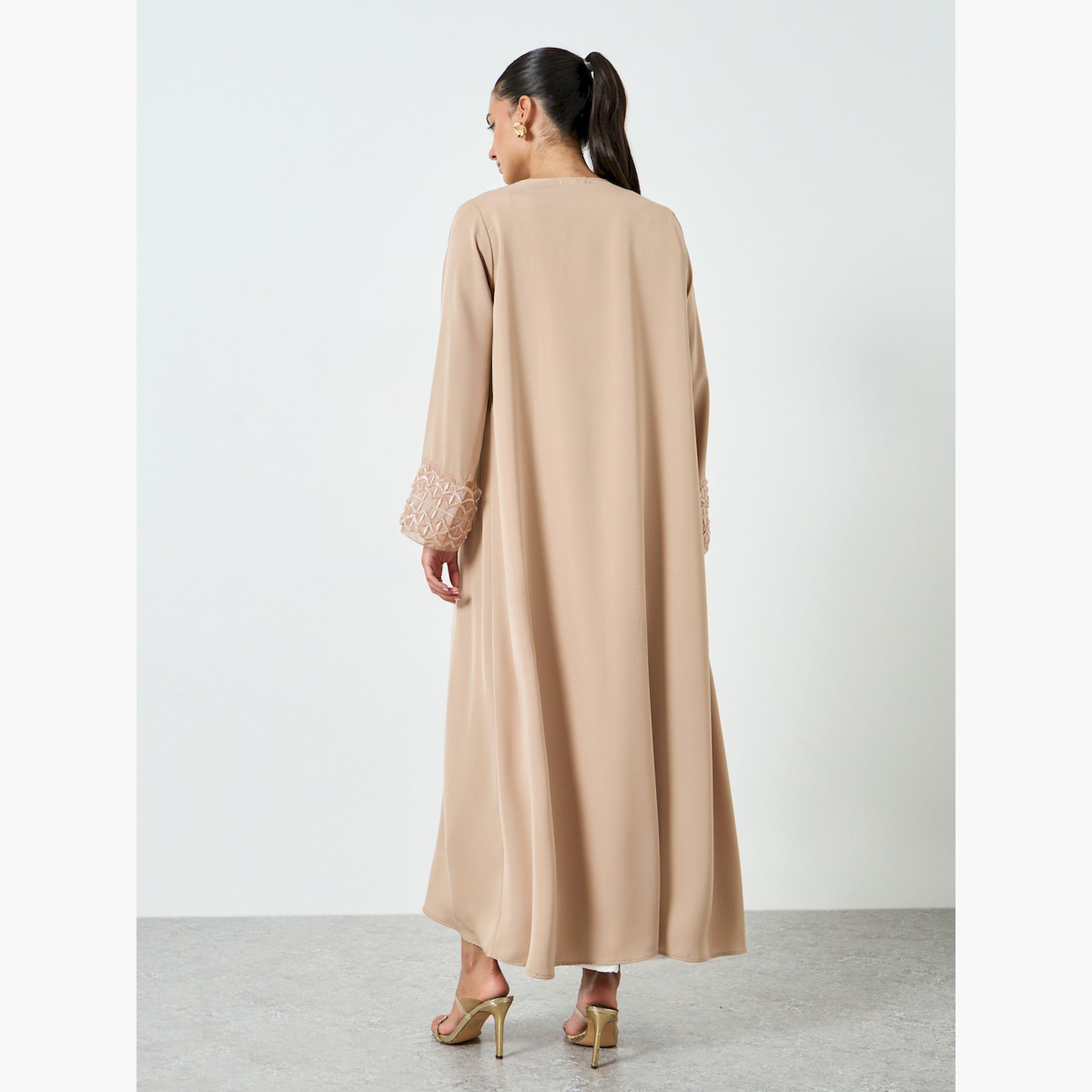 Styli Beige Embroidered Mesh Sleeve Cuff Open Front Abaya-women-arabicclothing-abayas-image-4