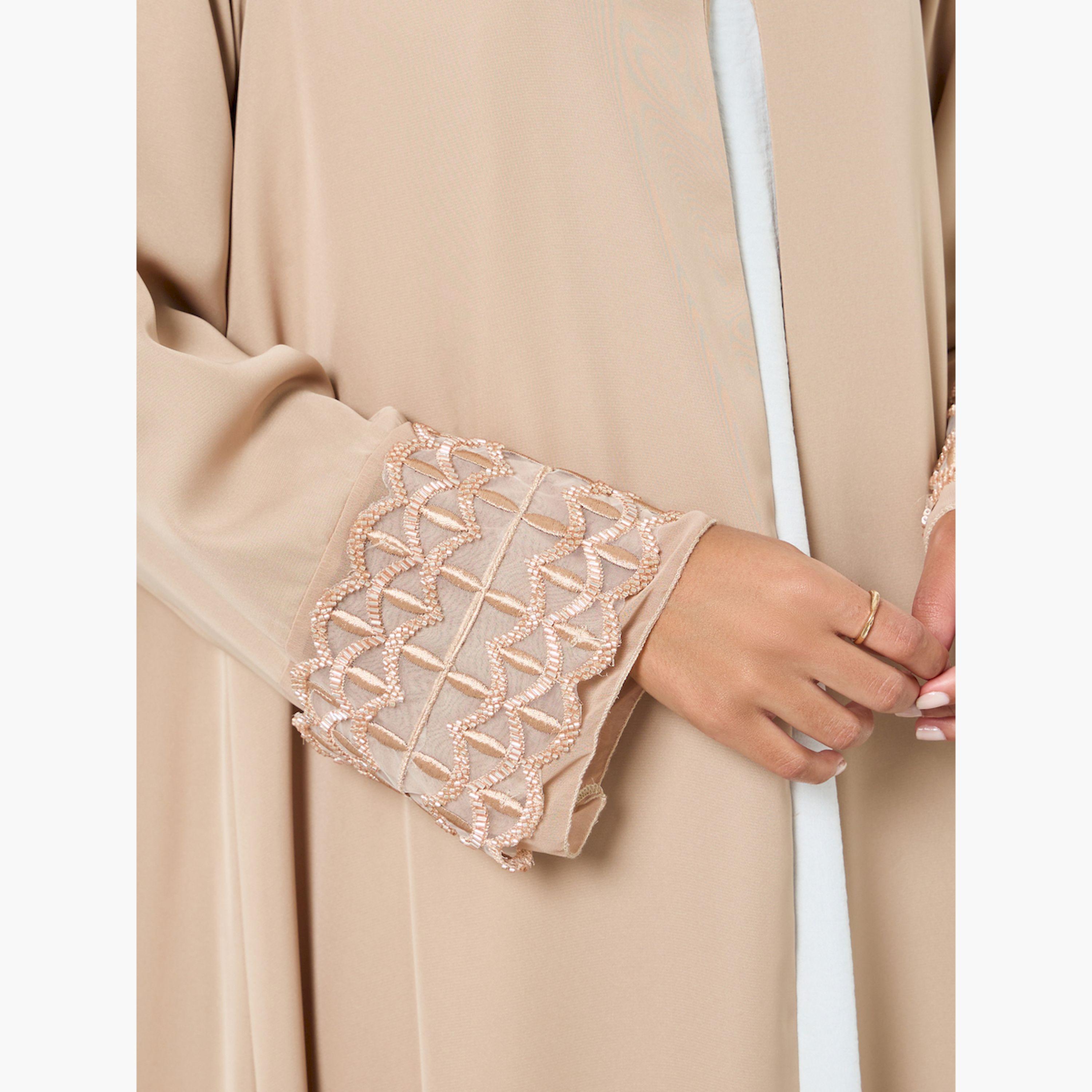 Styli Beige Embroidered Mesh Sleeve Cuff Open Front Abaya-women-arabicclothing-abayas-image-5