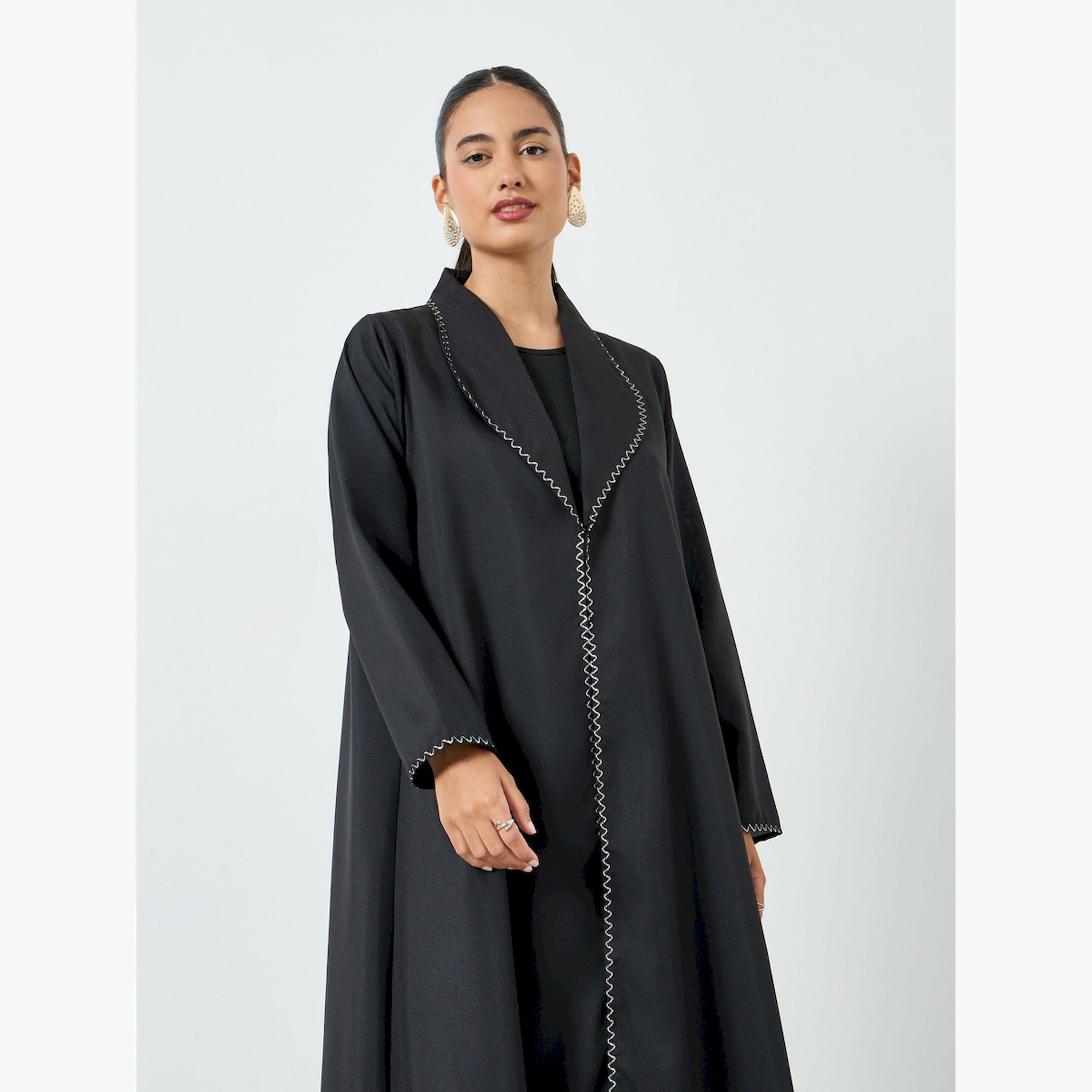 Styli Black Embroidered Trim A-Line Abaya-women-arabicclothing-abayas-image-2
