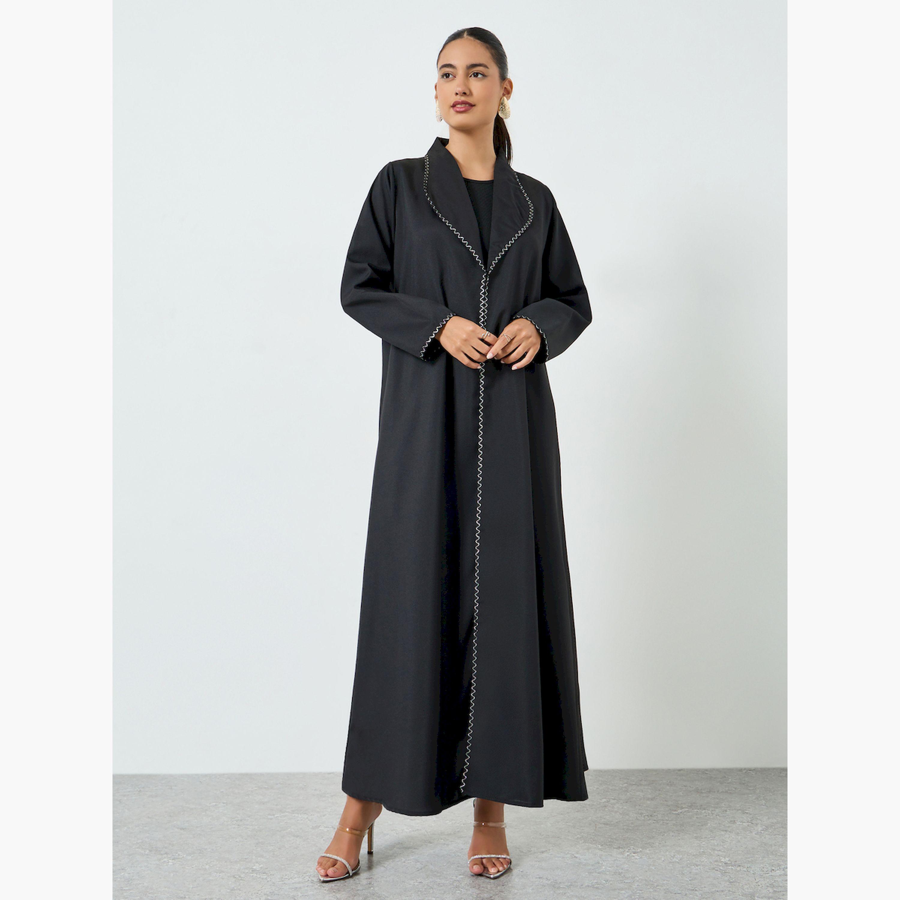 Styli Black Embroidered Trim A-Line Abaya-women-arabicclothing-abayas-image-3
