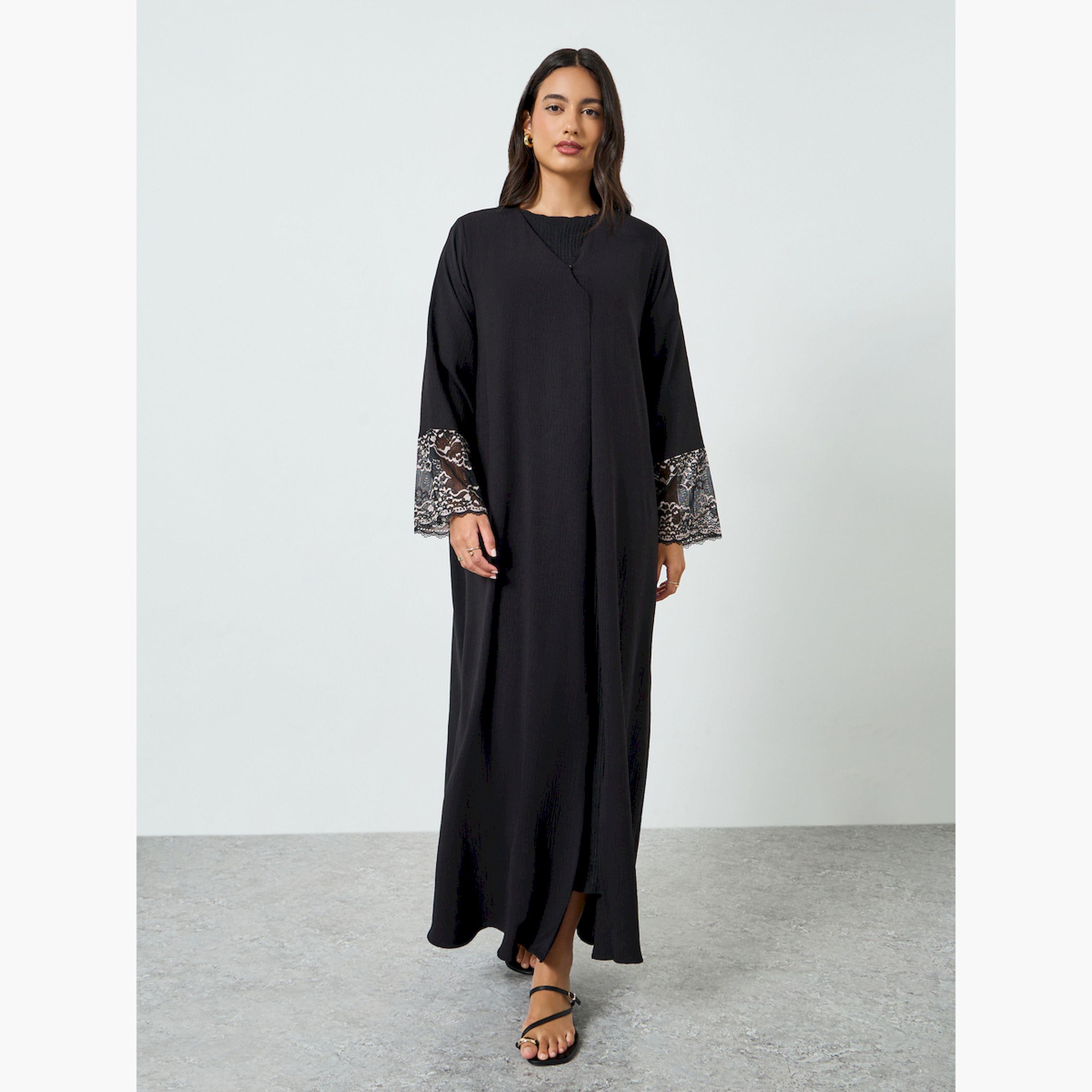 Styli Black Embroidered Sleeve Cuff A-Line Abaya-women-arabicclothing-abayas-image-1