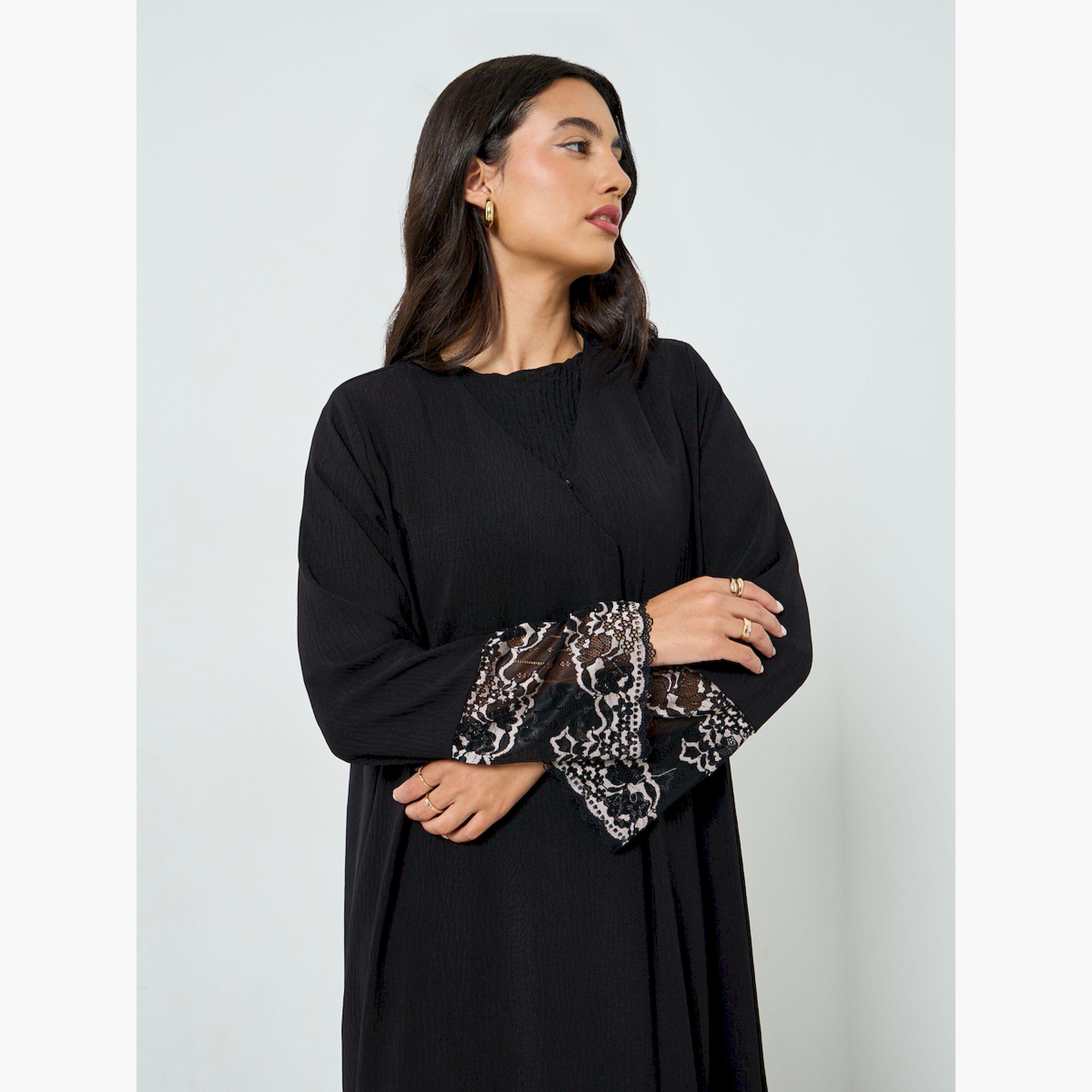 Styli Black Embroidered Sleeve Cuff A-Line Abaya-women-arabicclothing-abayas-image-2