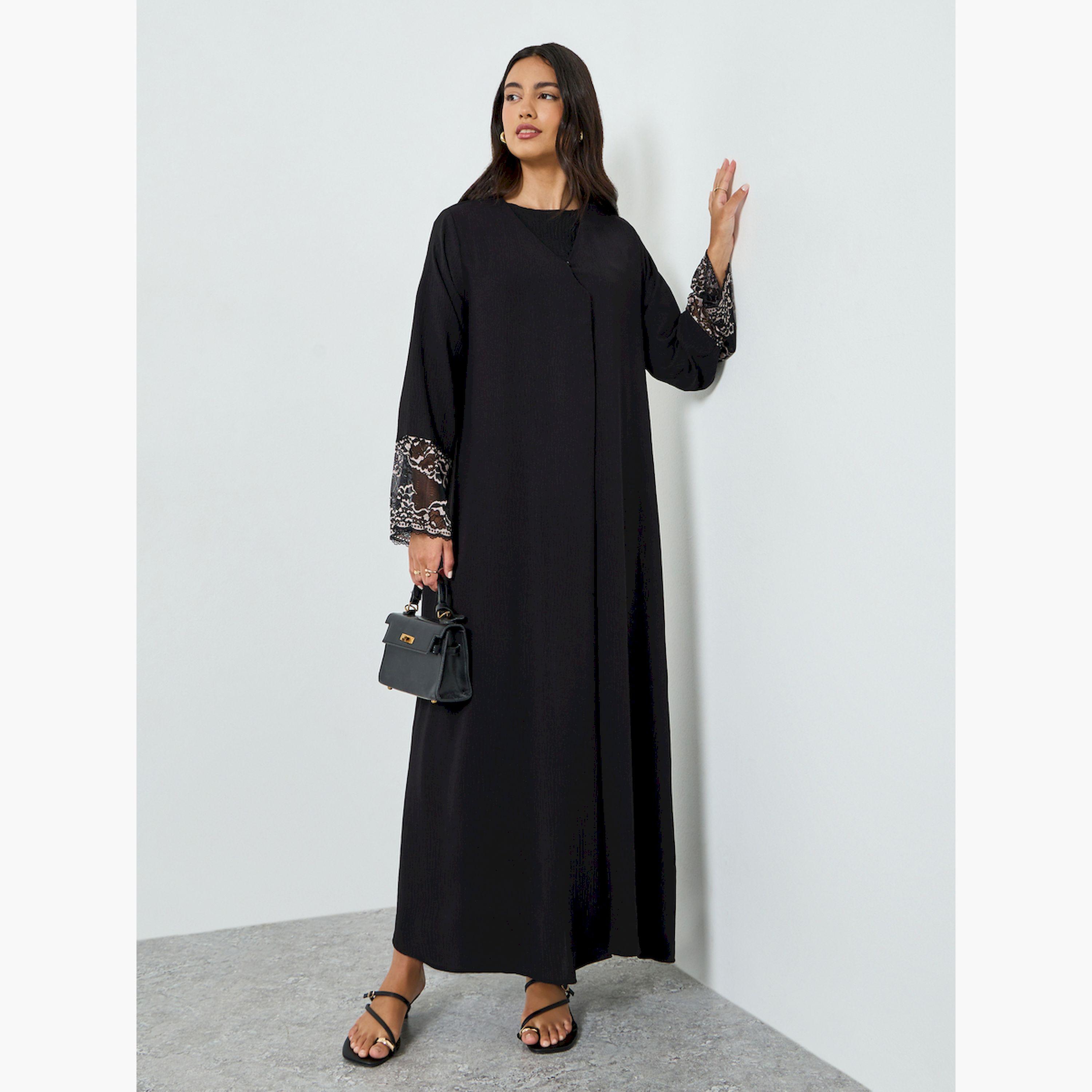 Styli Black Embroidered Sleeve Cuff A-Line Abaya-women-arabicclothing-abayas-image-3