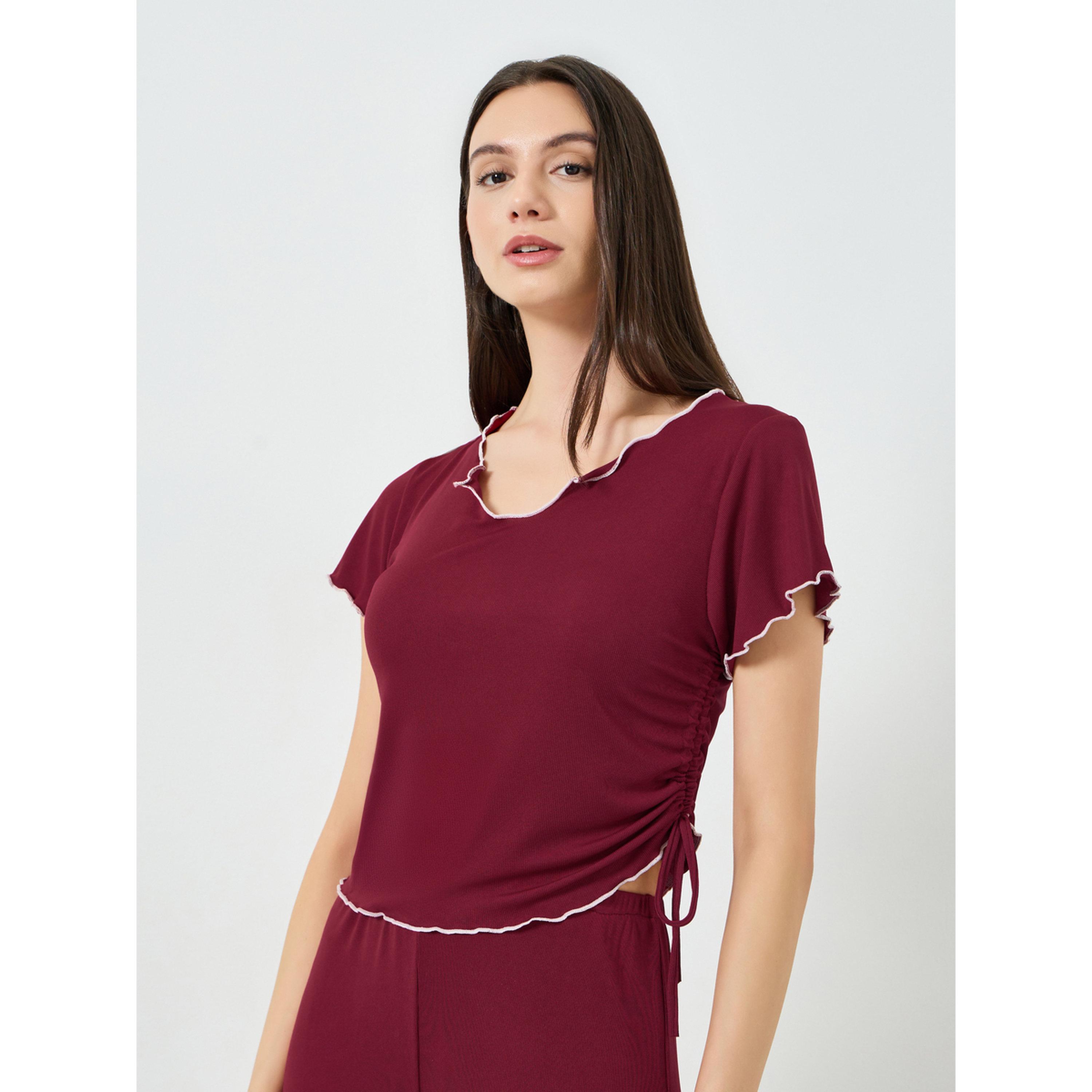 Styli Burgundy Lettuce Edge Notch Neck T-Shirt and Pyjama Set-women-clothing-nightwear-pyjamas-longsets-image-3