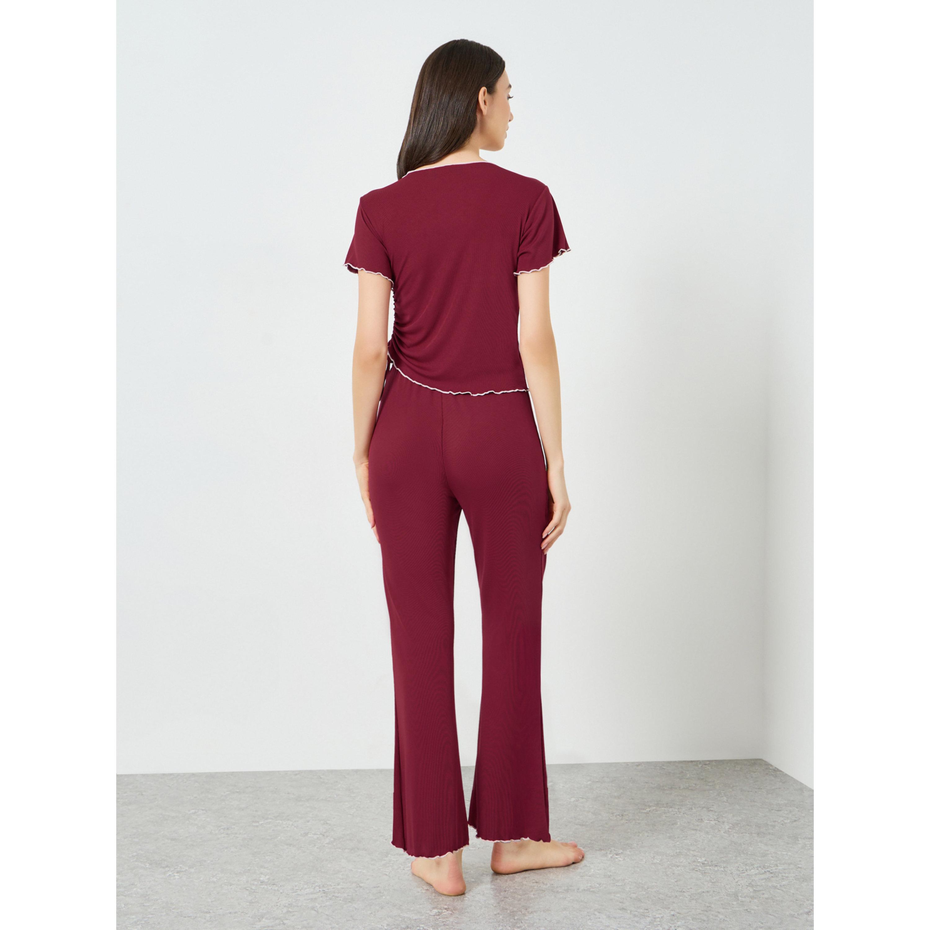 Styli Burgundy Lettuce Edge Notch Neck T-Shirt and Pyjama Set-women-clothing-nightwear-pyjamas-longsets-image-4