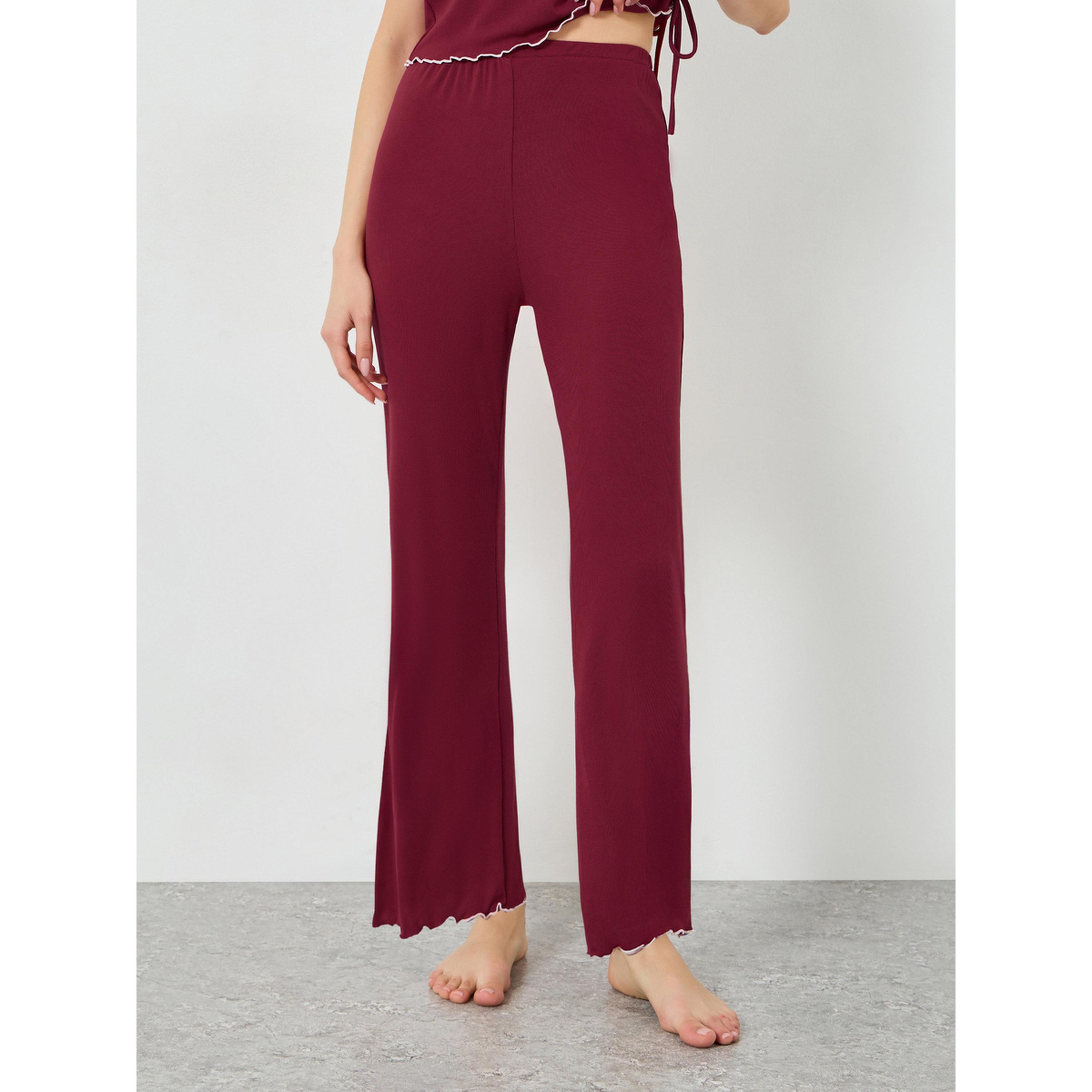 Styli Burgundy Lettuce Edge Notch Neck T-Shirt and Pyjama Set-women-clothing-nightwear-pyjamas-longsets-image-5