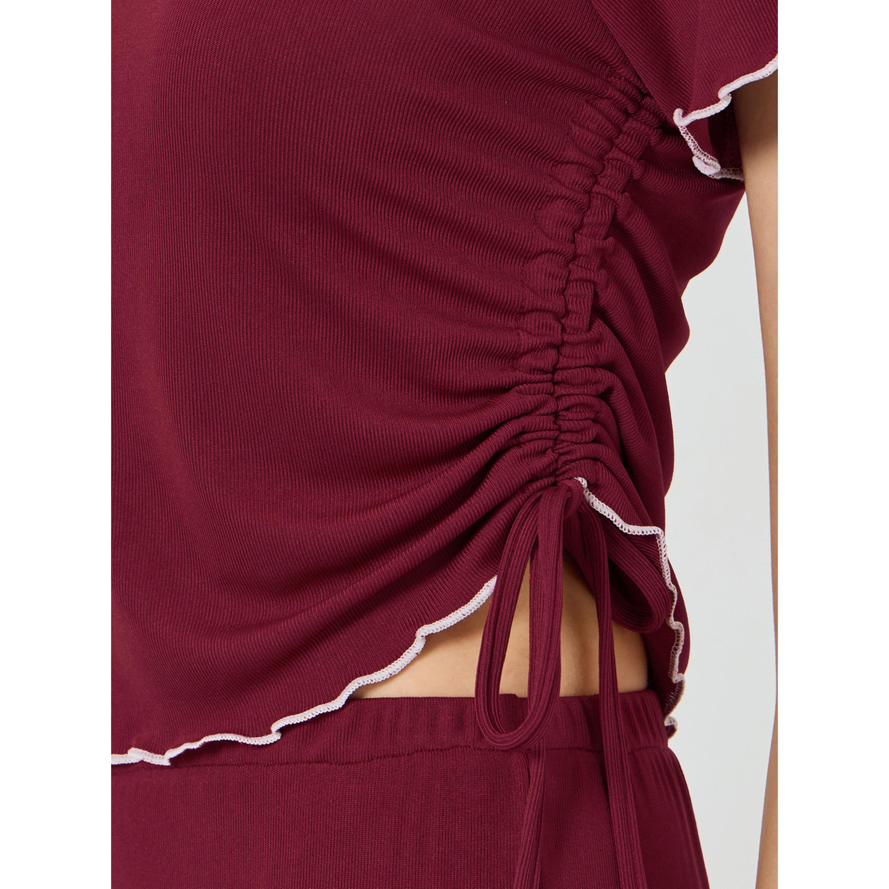 Styli Burgundy Lettuce Edge Notch Neck T-Shirt and Pyjama Set-women-clothing-nightwear-pyjamas-longsets-image-6