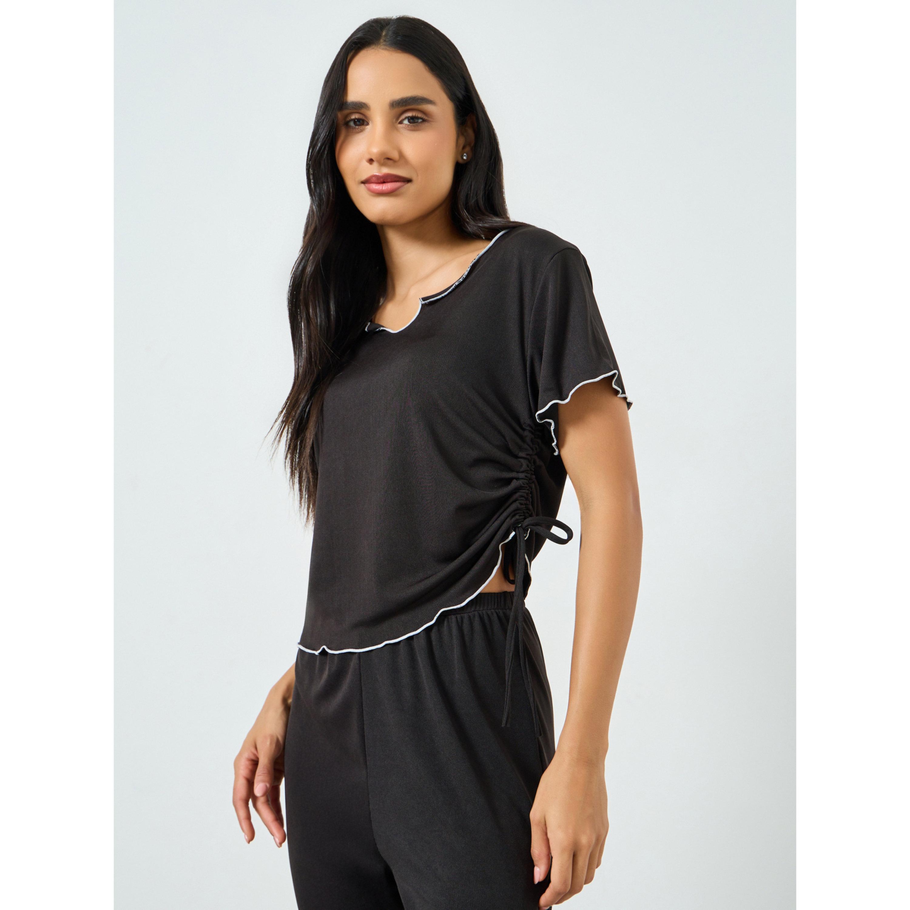 Styli Black Lettuce Edge Notch Neck T-Shirt and Pyjama Set-women-clothing-nightwear-pyjamas-longsets-image-2