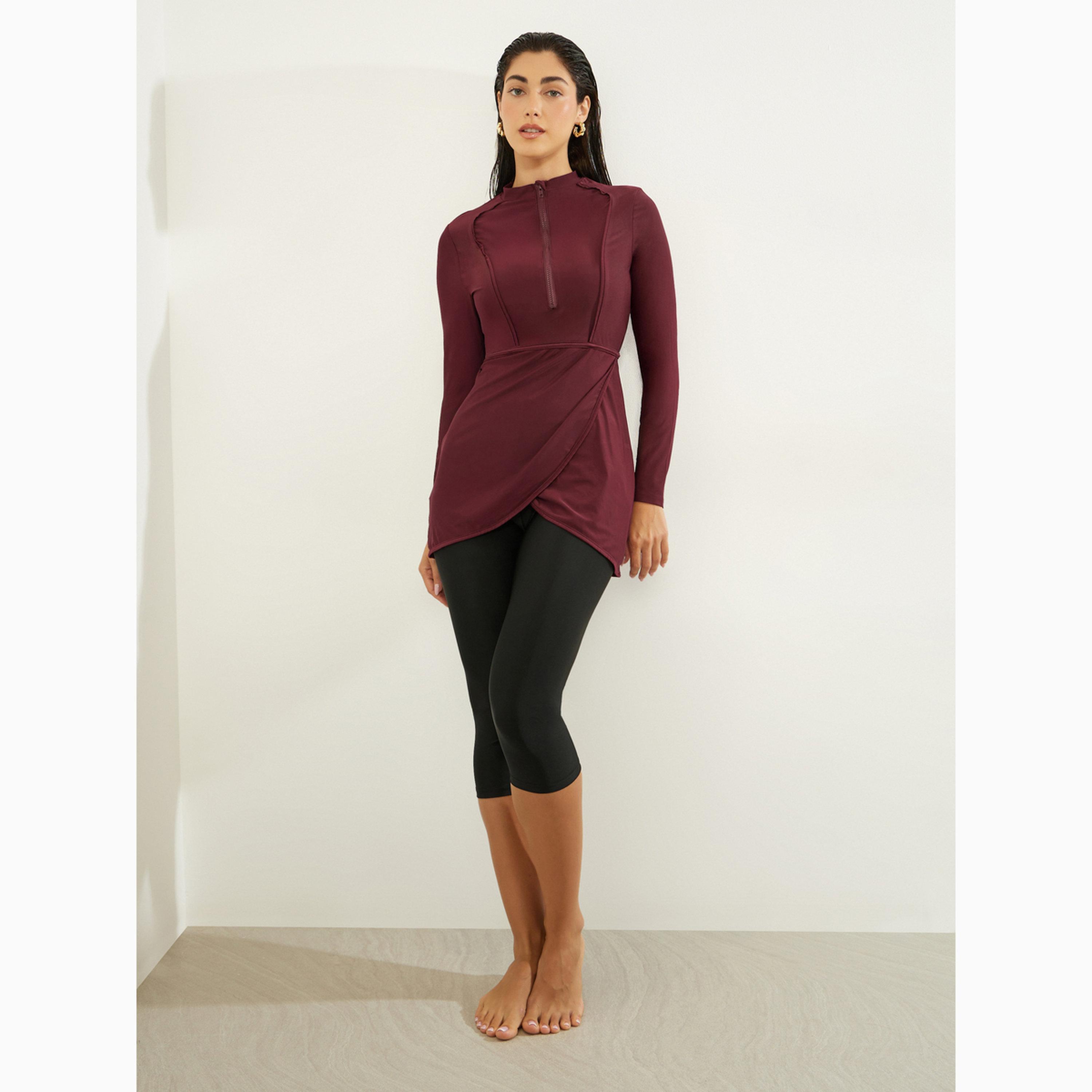 طقم بوركيني من 2 قطعة تونيك بأكمام طويلة ونصف سحاب وليقنز كابري-women-clothing-swimandbeach-swim-burkinis-image-1