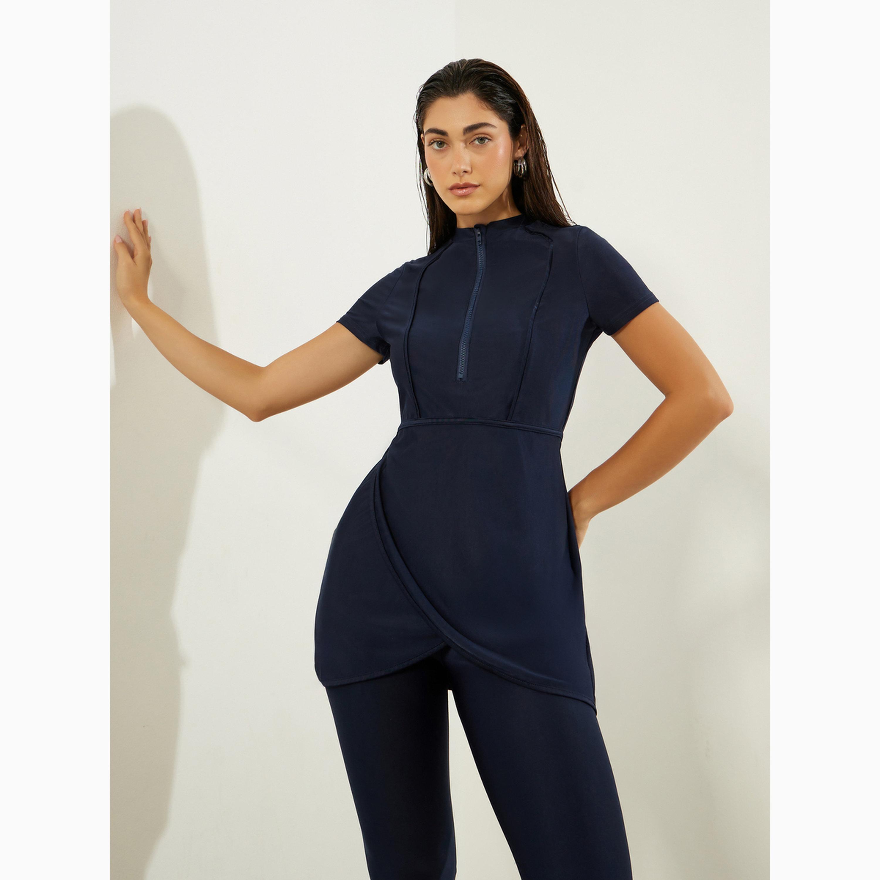 طقم بوركيني من 2 قطعة تونيك بأكمام قصيرة ونصف سحاب وليقنز كابري-women-clothing-swimandbeach-swim-burkinis-image-2