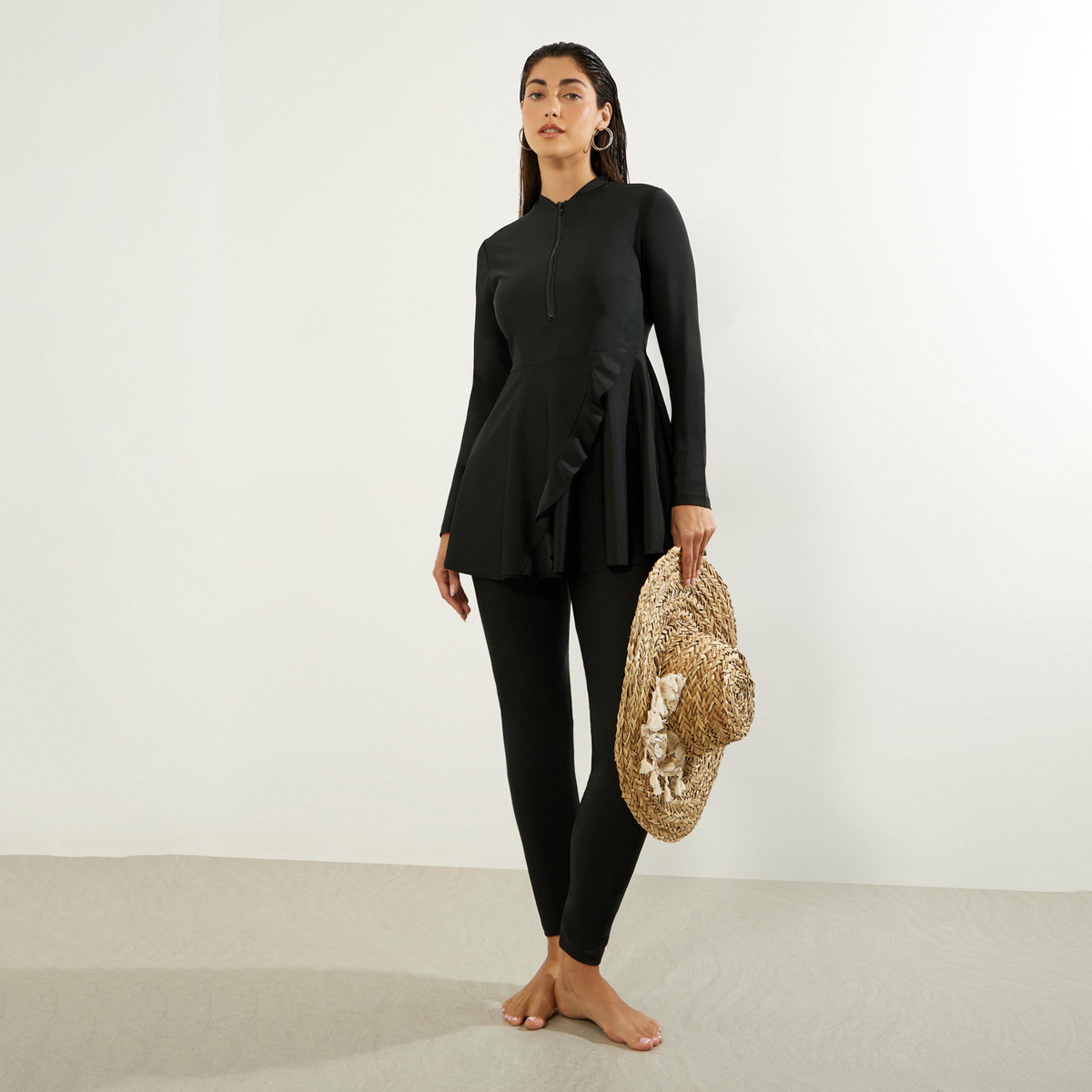 طقم بوركيني من 2 قطعة تونيك بنصف سحاب وتفاصيل كشكش وليقنز-women-clothing-swimandbeach-swim-burkinis-image-1