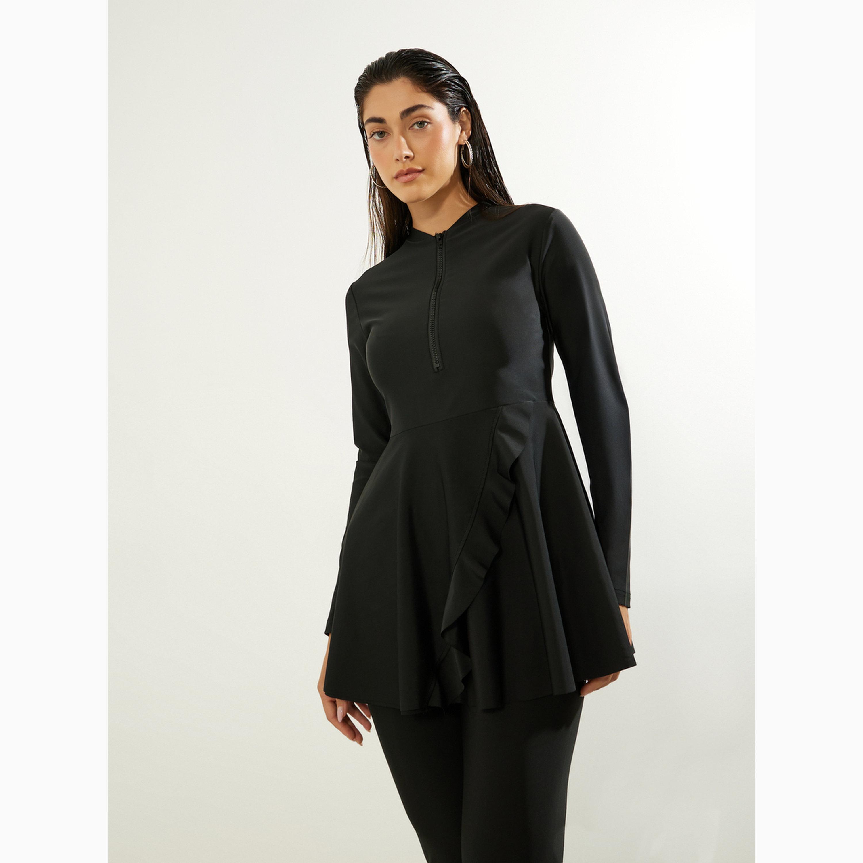 طقم بوركيني من 2 قطعة تونيك بنصف سحاب وتفاصيل كشكش وليقنز-women-clothing-swimandbeach-swim-burkinis-image-2