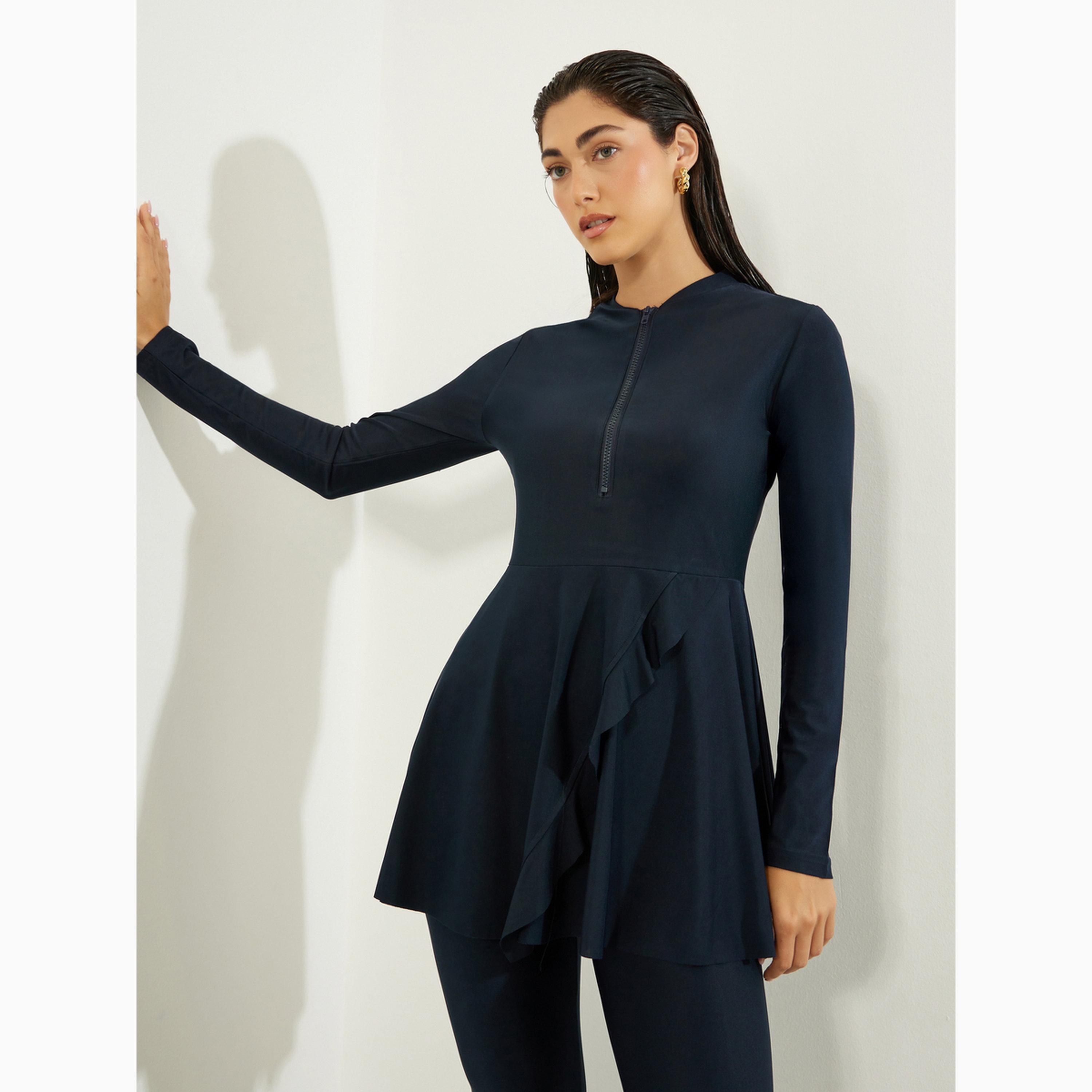طقم بوركيني من 2 قطعة تونيك بنصف سحاب وتفاصيل كشكش وليقنز-women-clothing-swimandbeach-swim-burkinis-image-2