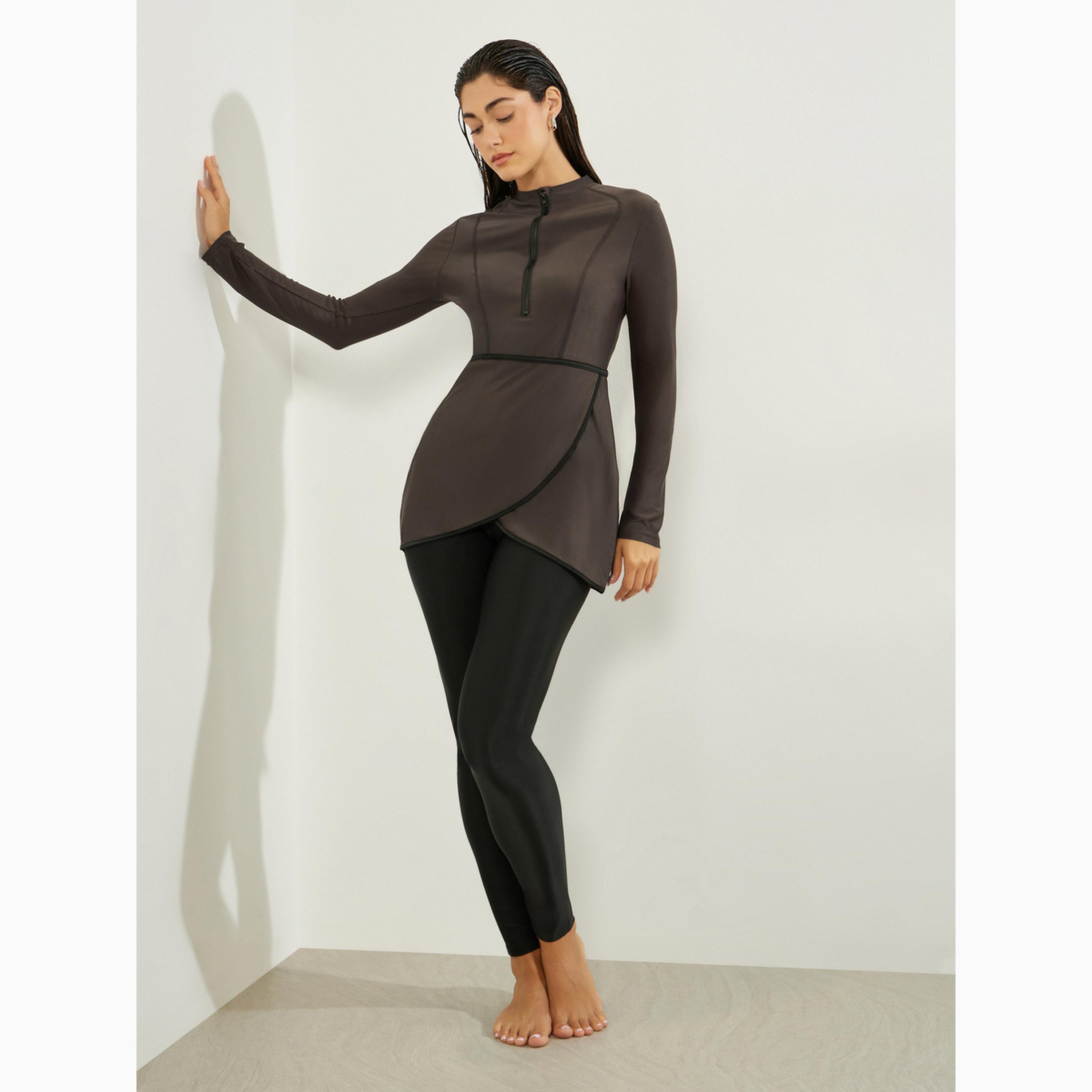 Styli Pack of 3 - Solid Zip-Up Contrast Edge Wrap Tunic with Cap and Leggings Burkini Set-women-clothing-swimandbeach-swim-burkinis-image-1
